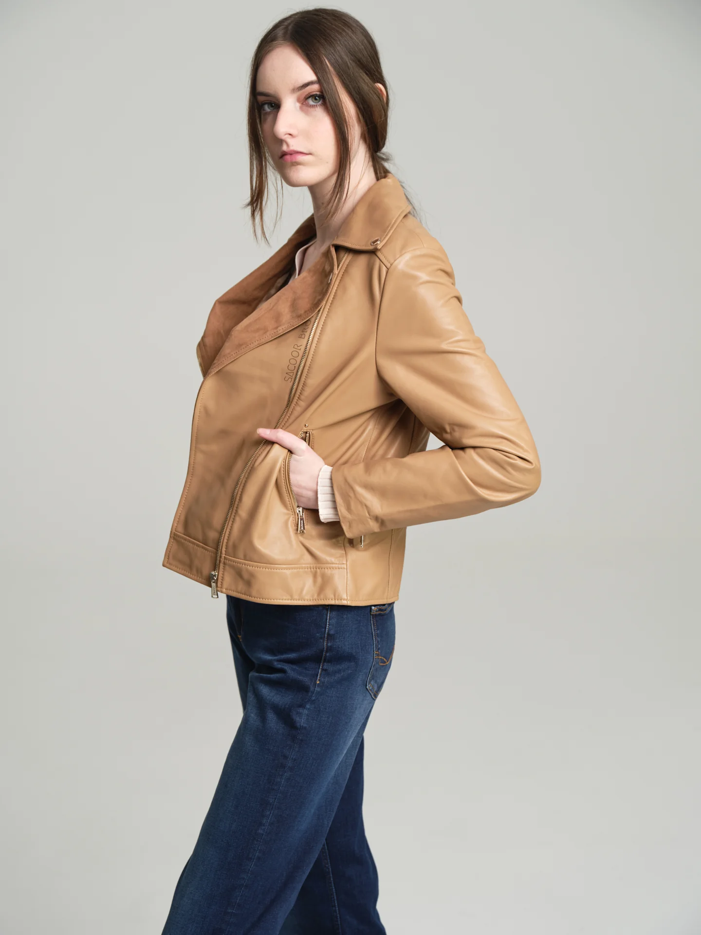 Contrast lapel Biker leather jacket - Image 2