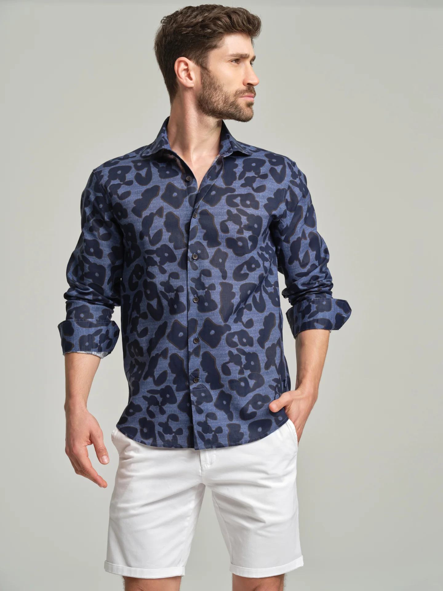 Havana Collection printed cotton and linen slim fit shirt