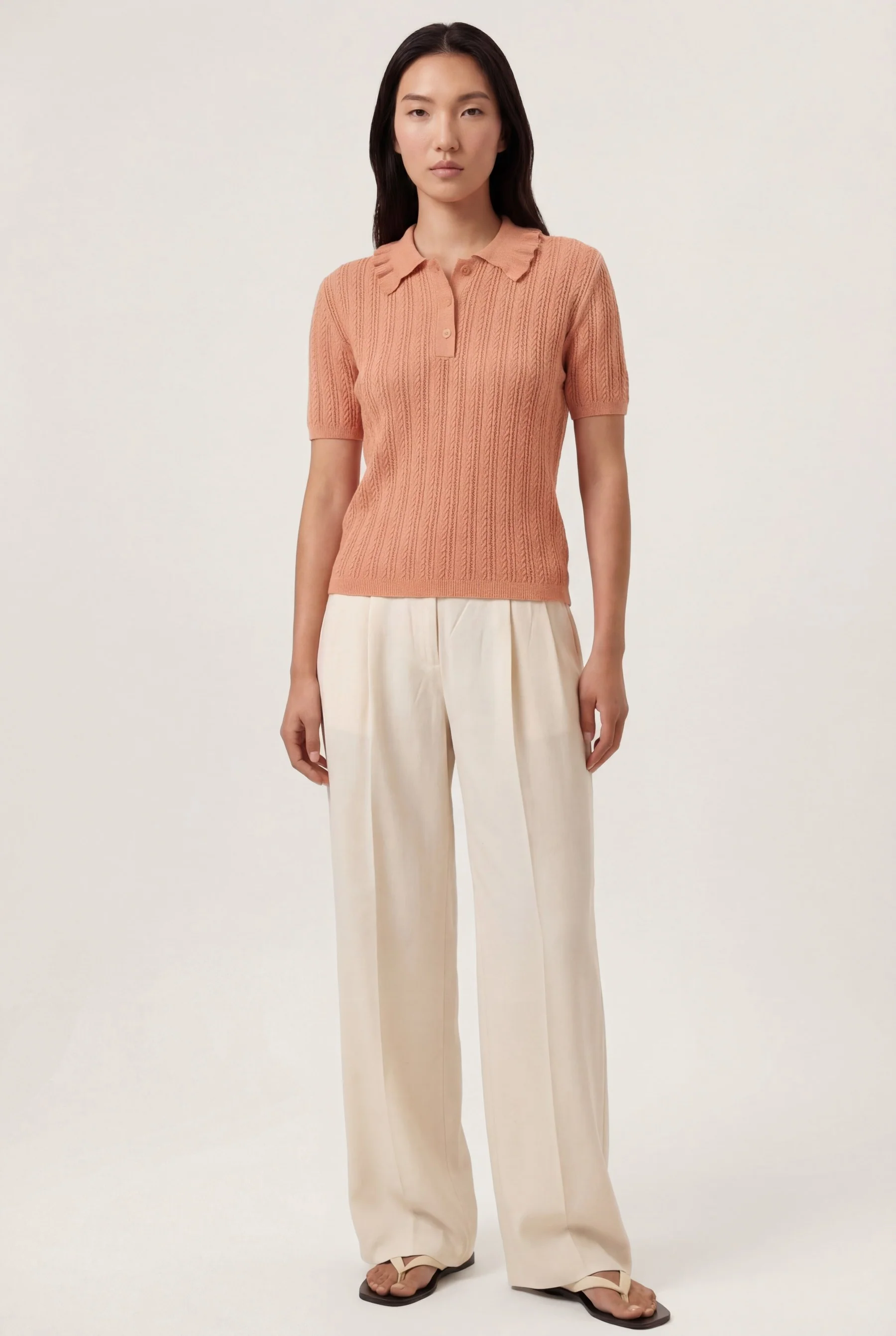 Knit Polo Sweater In Linen And Cotton Blend With Frill Collar