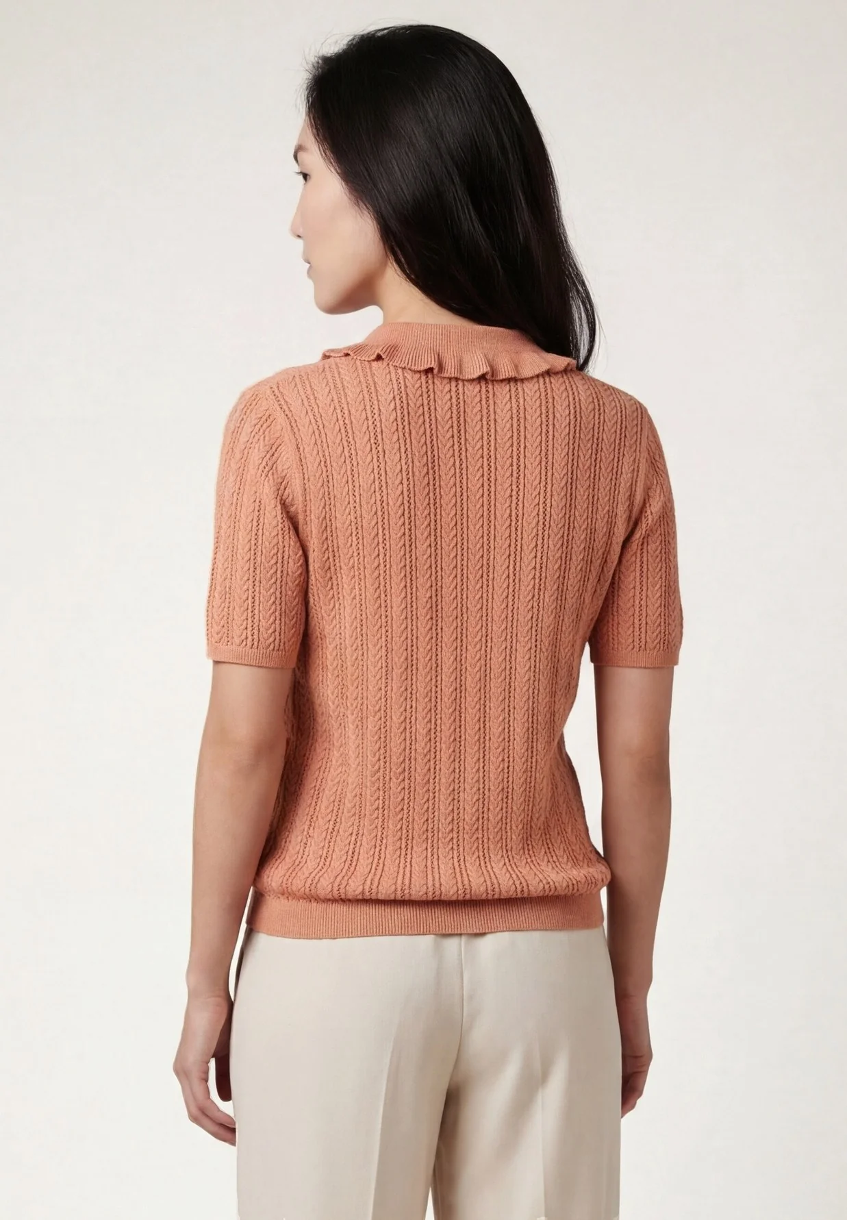 Knit Polo Sweater In Linen And Cotton Blend With Frill Collar - Image 3