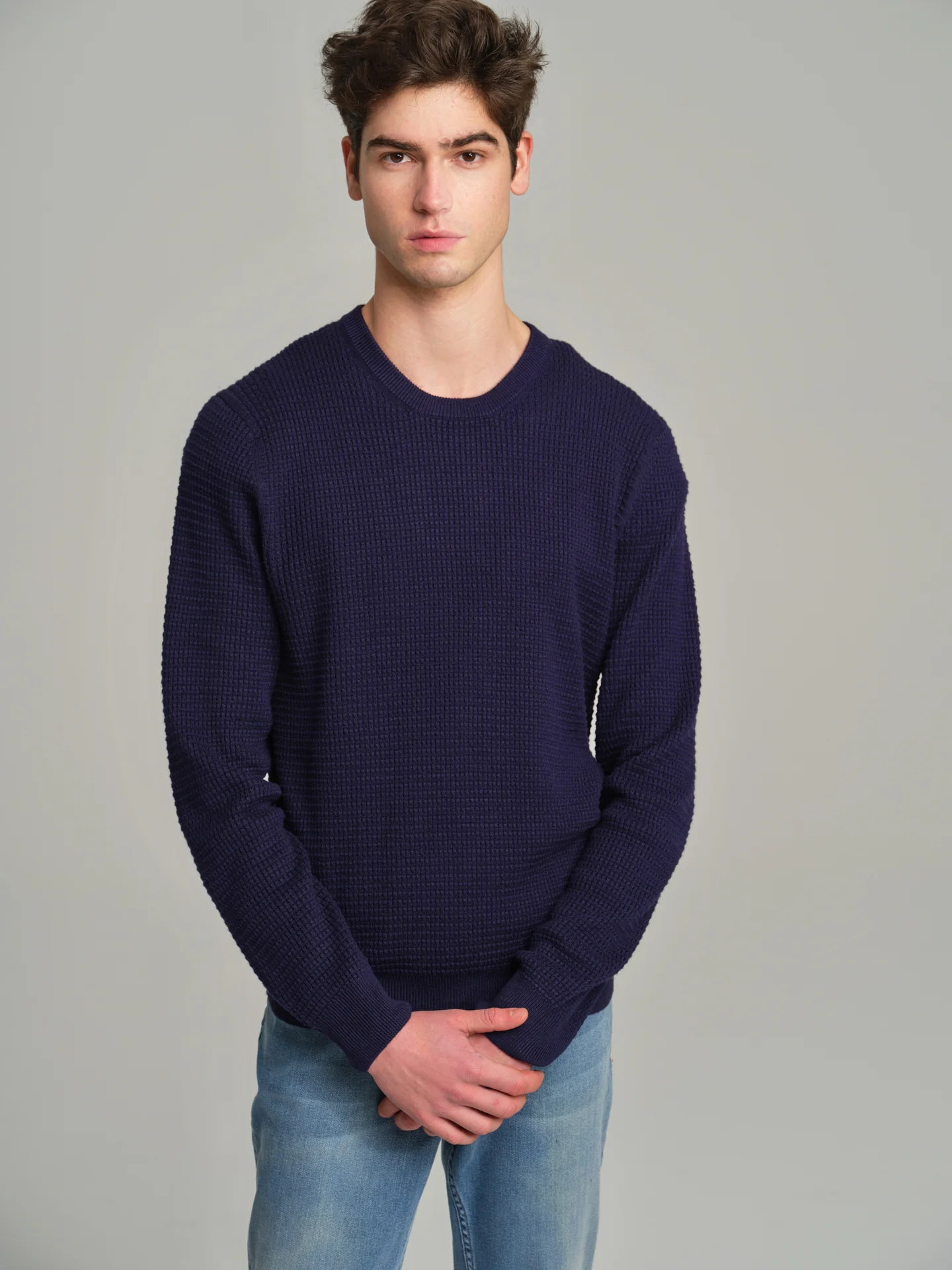 Long sleeve crew neck sweater with waffle knitting - Image 5