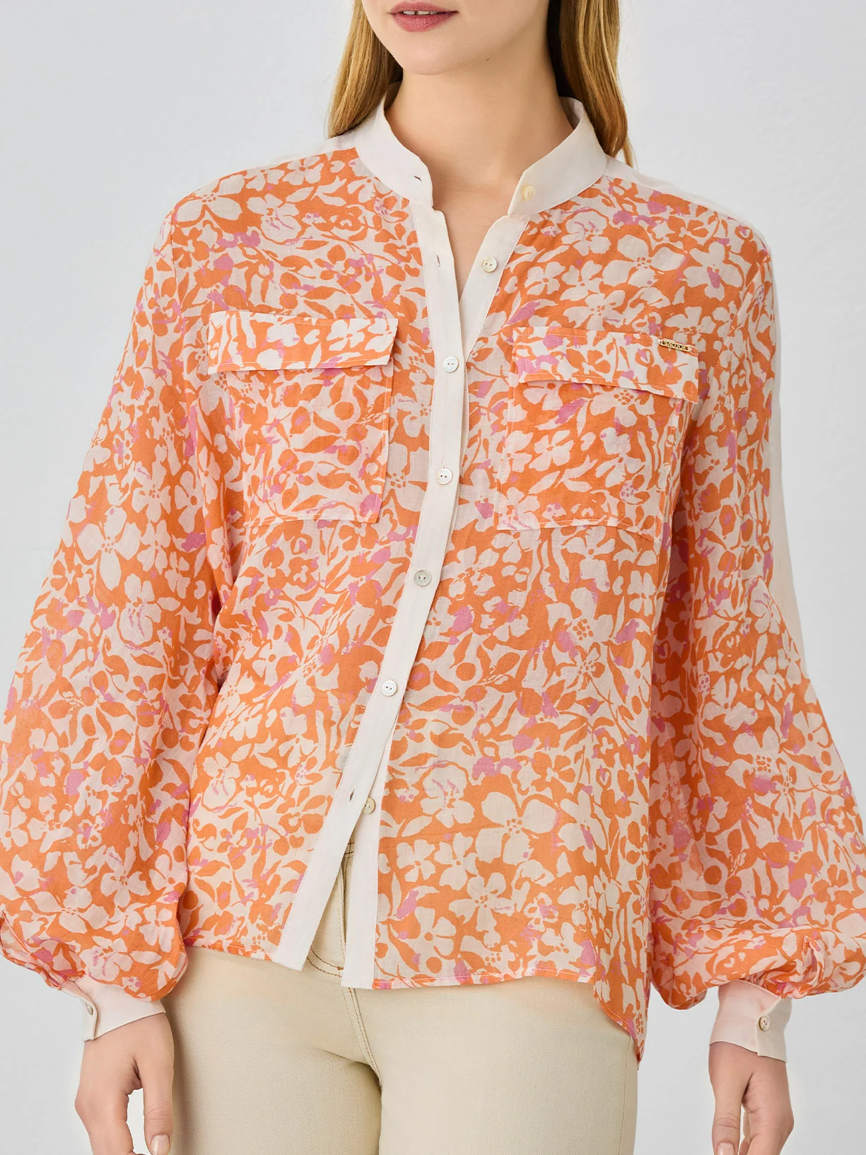 Mao Collar Blouse In Ramie Fabric With Floral Print