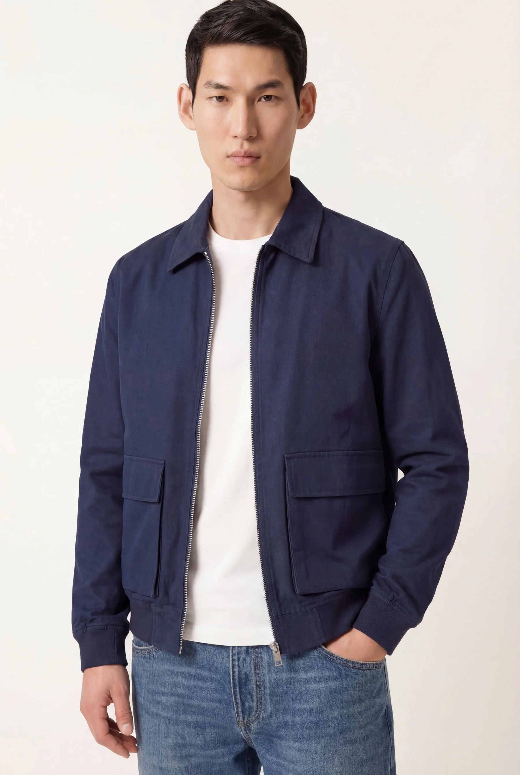 Pigment-Dyed Cotton Linen Bomber Jacket With Metal Double Zipper - Image 2