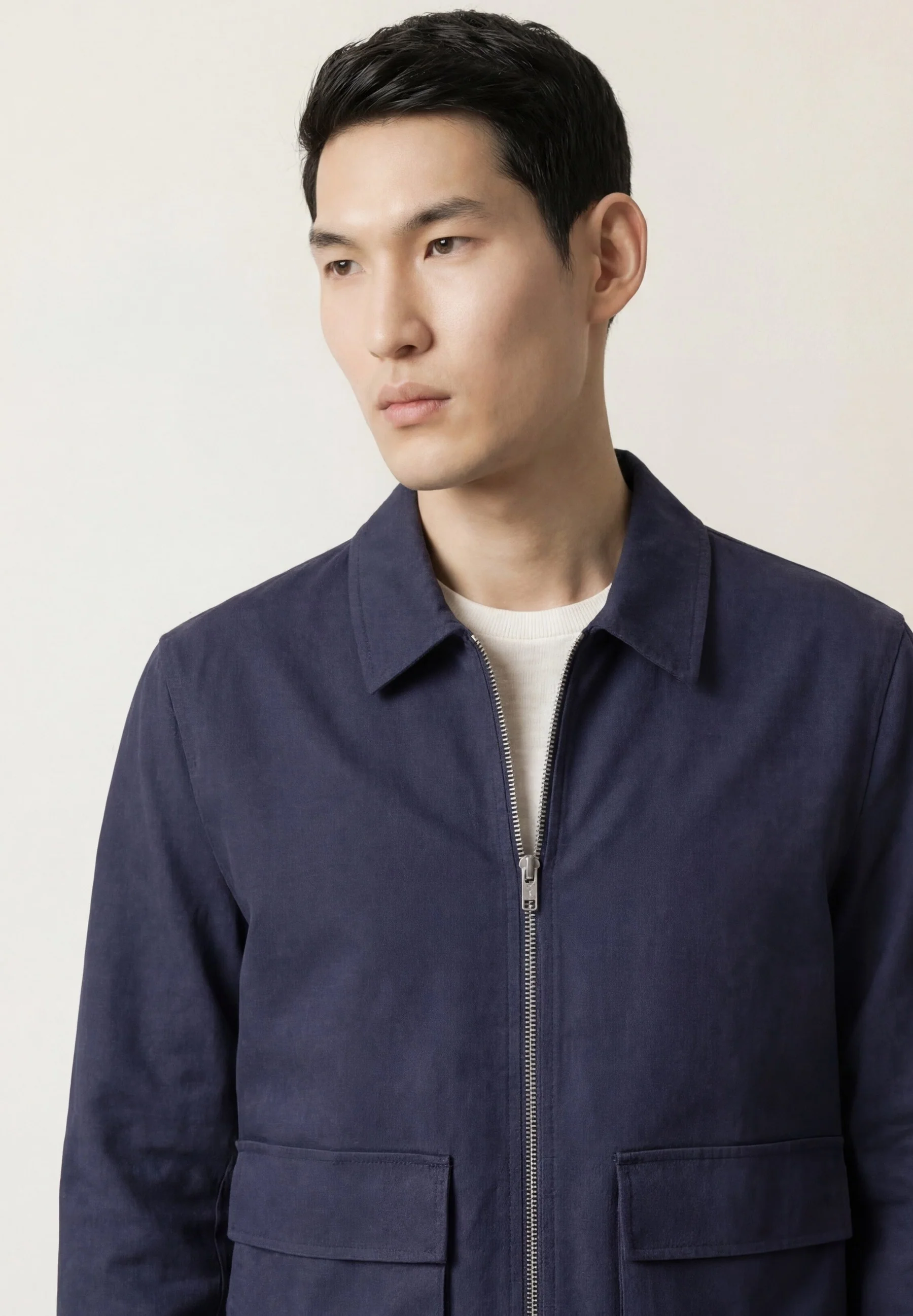 Pigment-Dyed Cotton Linen Bomber Jacket With Metal Double Zipper - Image 3