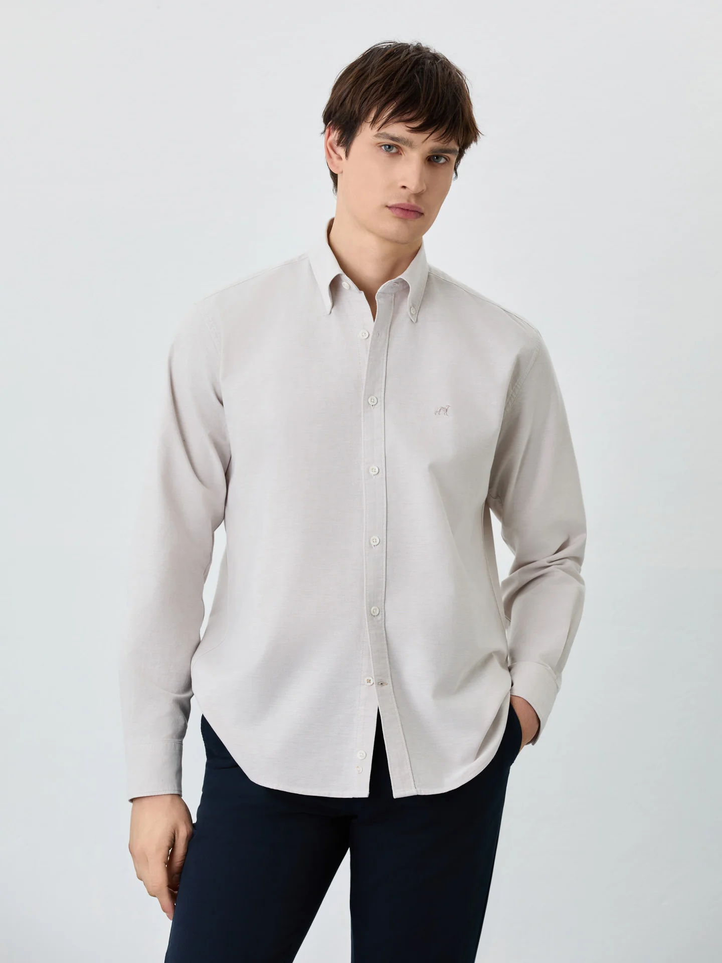 Regular Fit Shirt With Button Down Collar In Cotton-Elastane Blend - Image 8