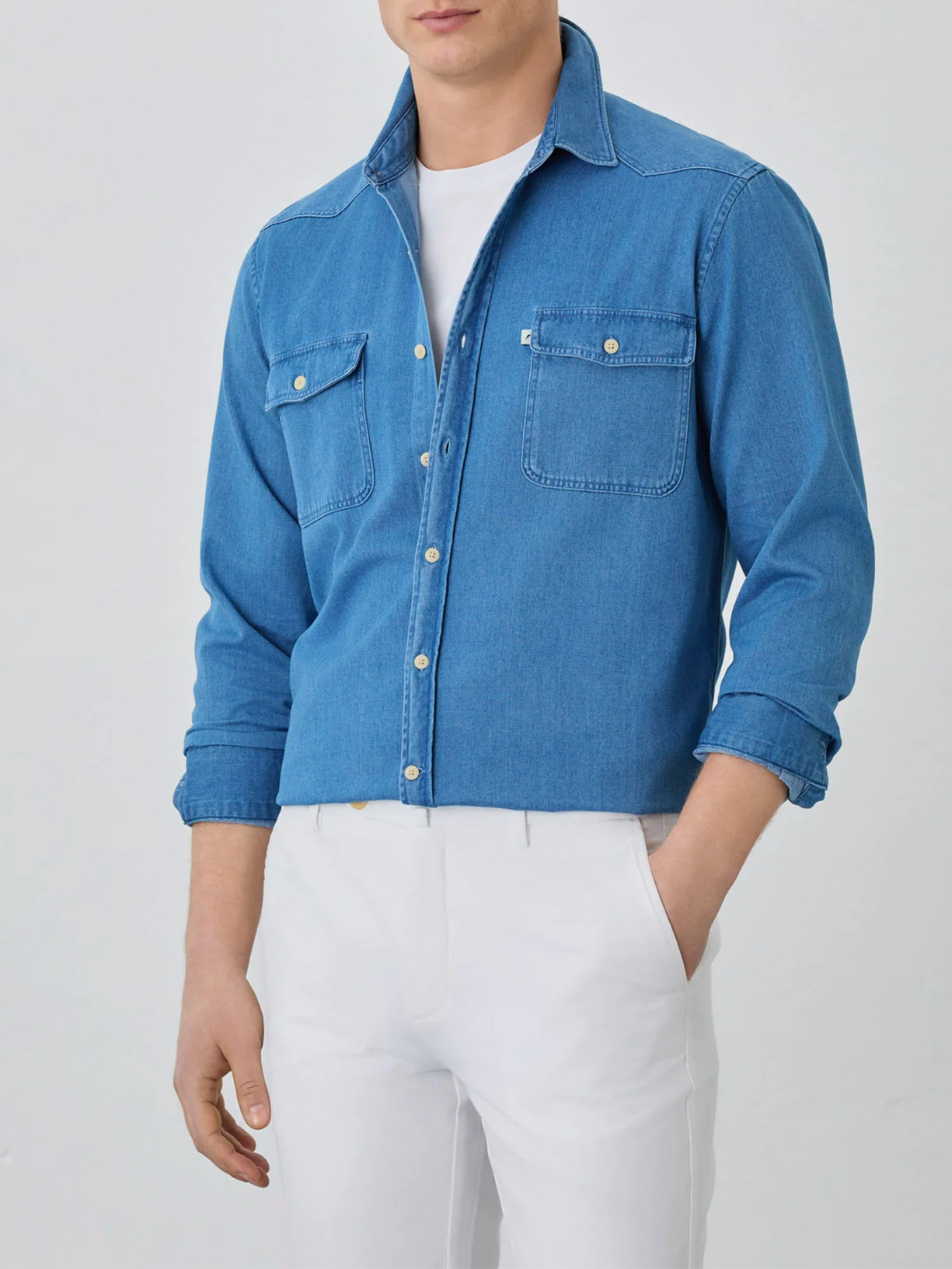 Relaxed Fit Denim Shirt With Patch Pockets In Cotton