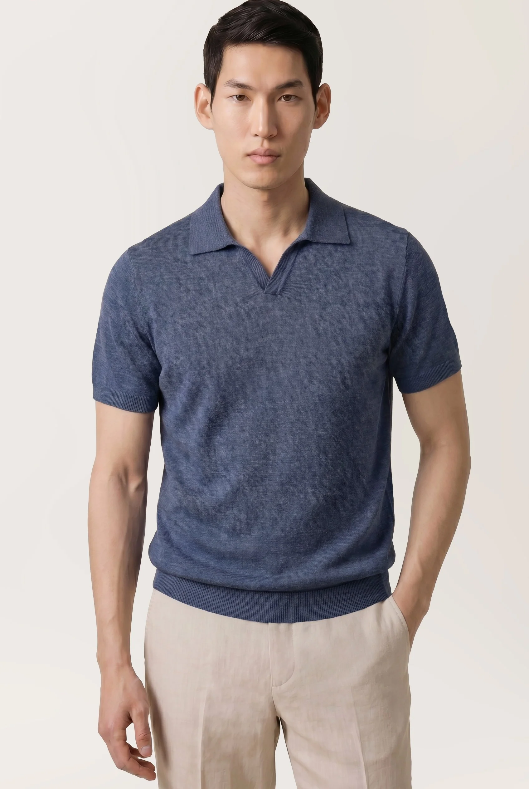 Short Sleeve Knit Polo Shirt In 100% Linen - Image 5