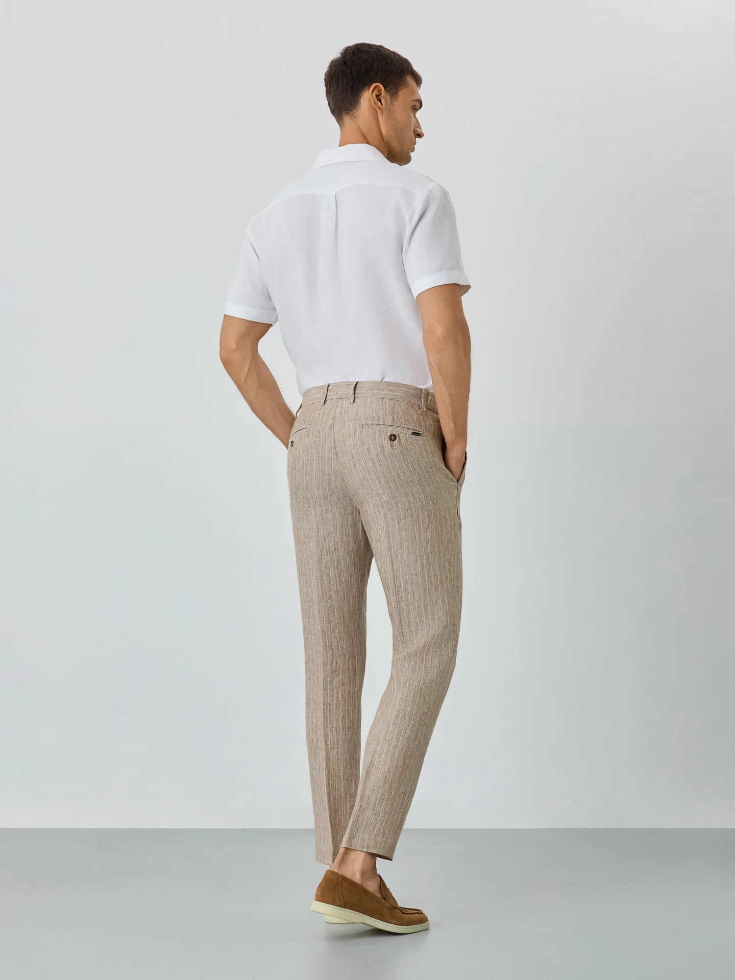 Slim Fit Chino Trousers With Pleats And String In Linen With Stripes - Image 5