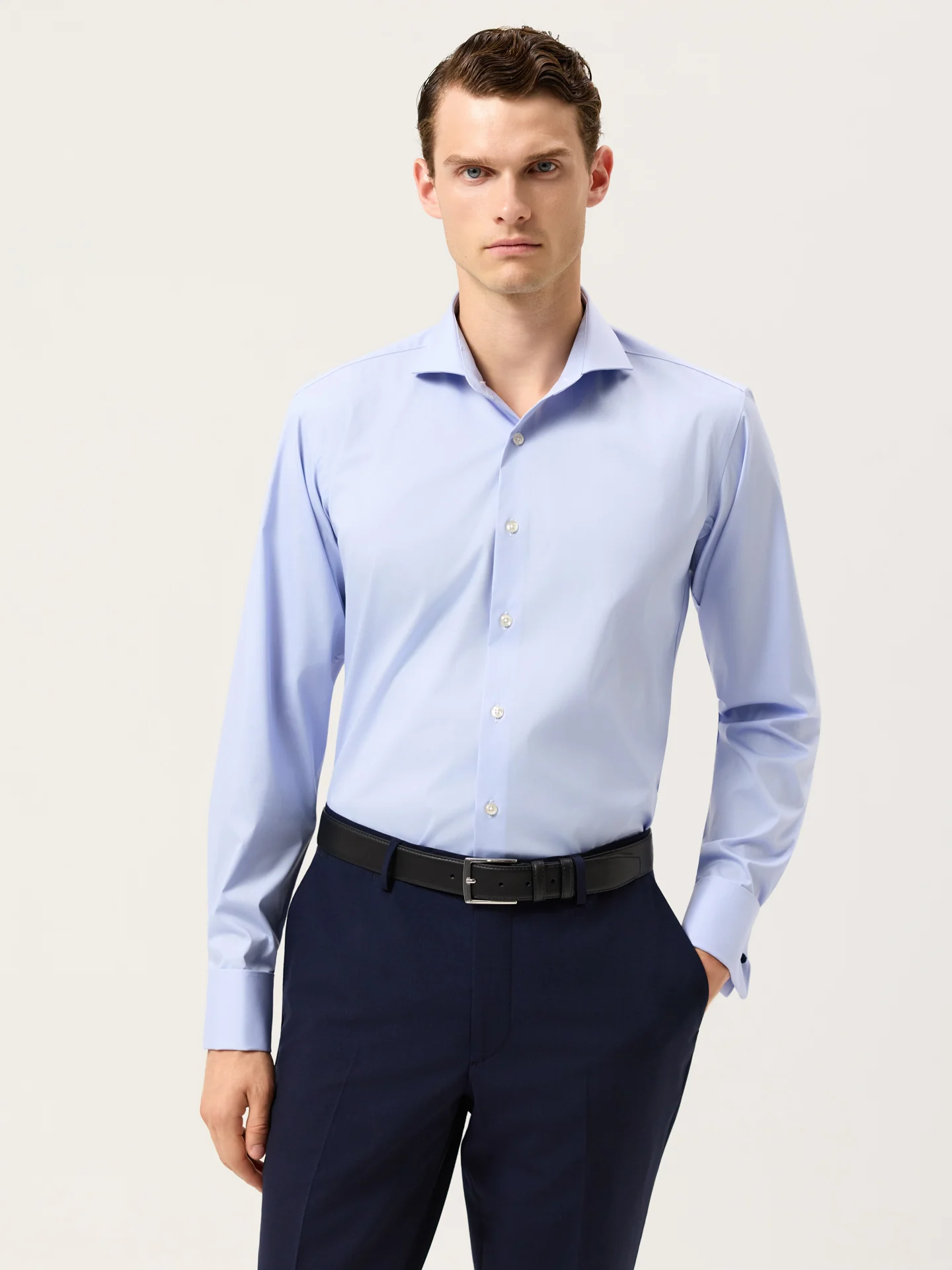 Slim Fit Cotton Stretch Travel Shirt With Dublin Collar And Double Cuff
