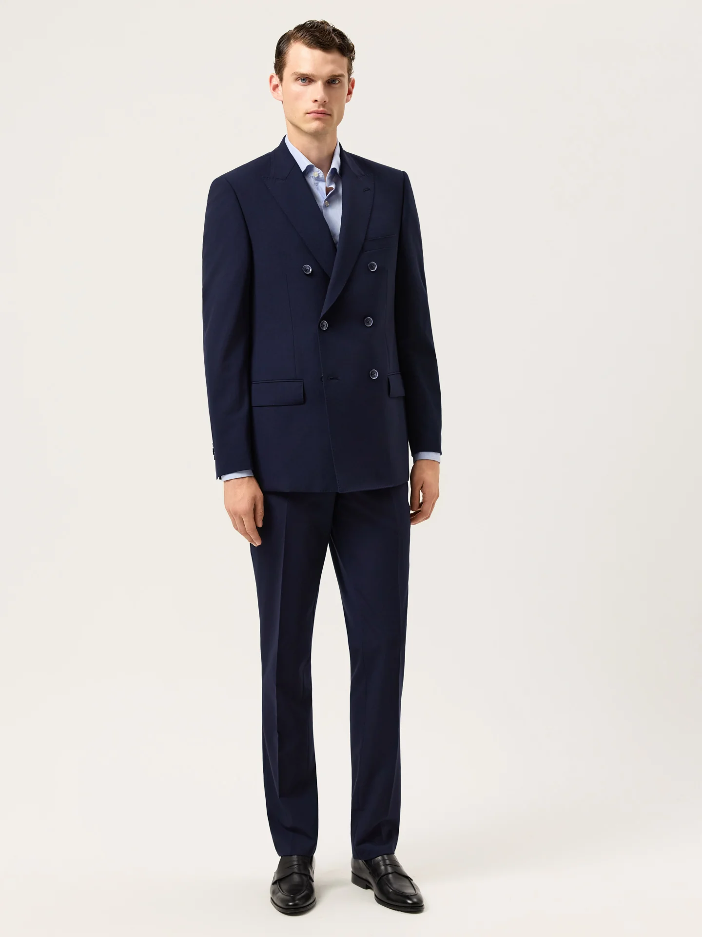 Slim Fit Double-Breasted Travel Suit In Stretch Wool