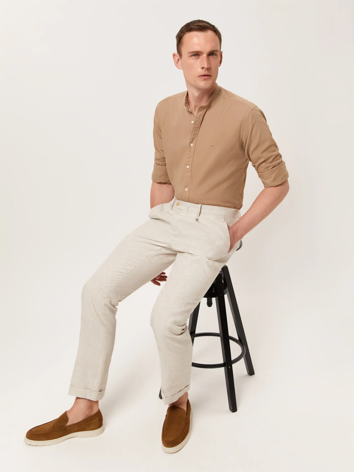 Slim Fit Garment Dye Cotton Linen Shirt with Mao Collar