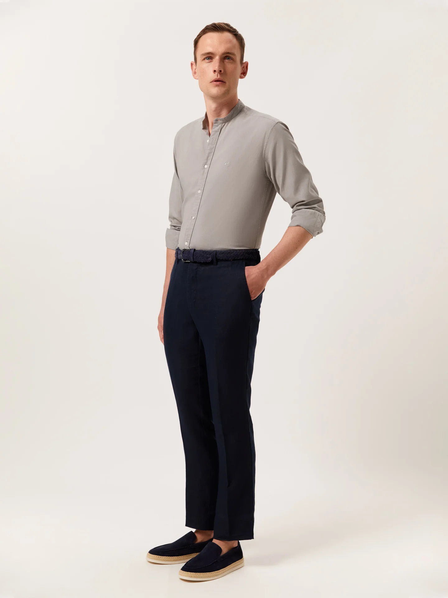 Slim Fit Garment Dye Cotton Linen Shirt with Mao Collar - Image 11