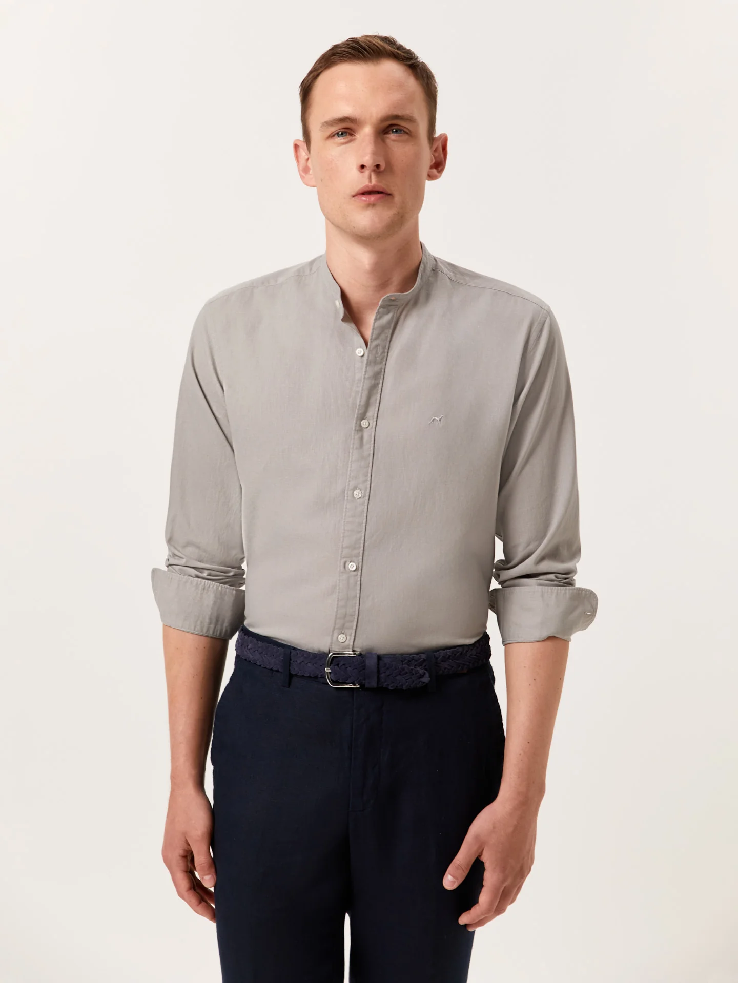 Slim Fit Garment Dye Cotton Linen Shirt with Mao Collar - Image 13