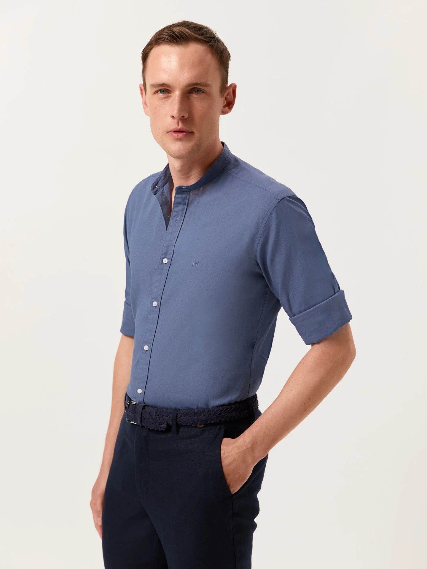 Slim Fit Garment Dye Cotton Linen Shirt with Mao Collar - Image 17
