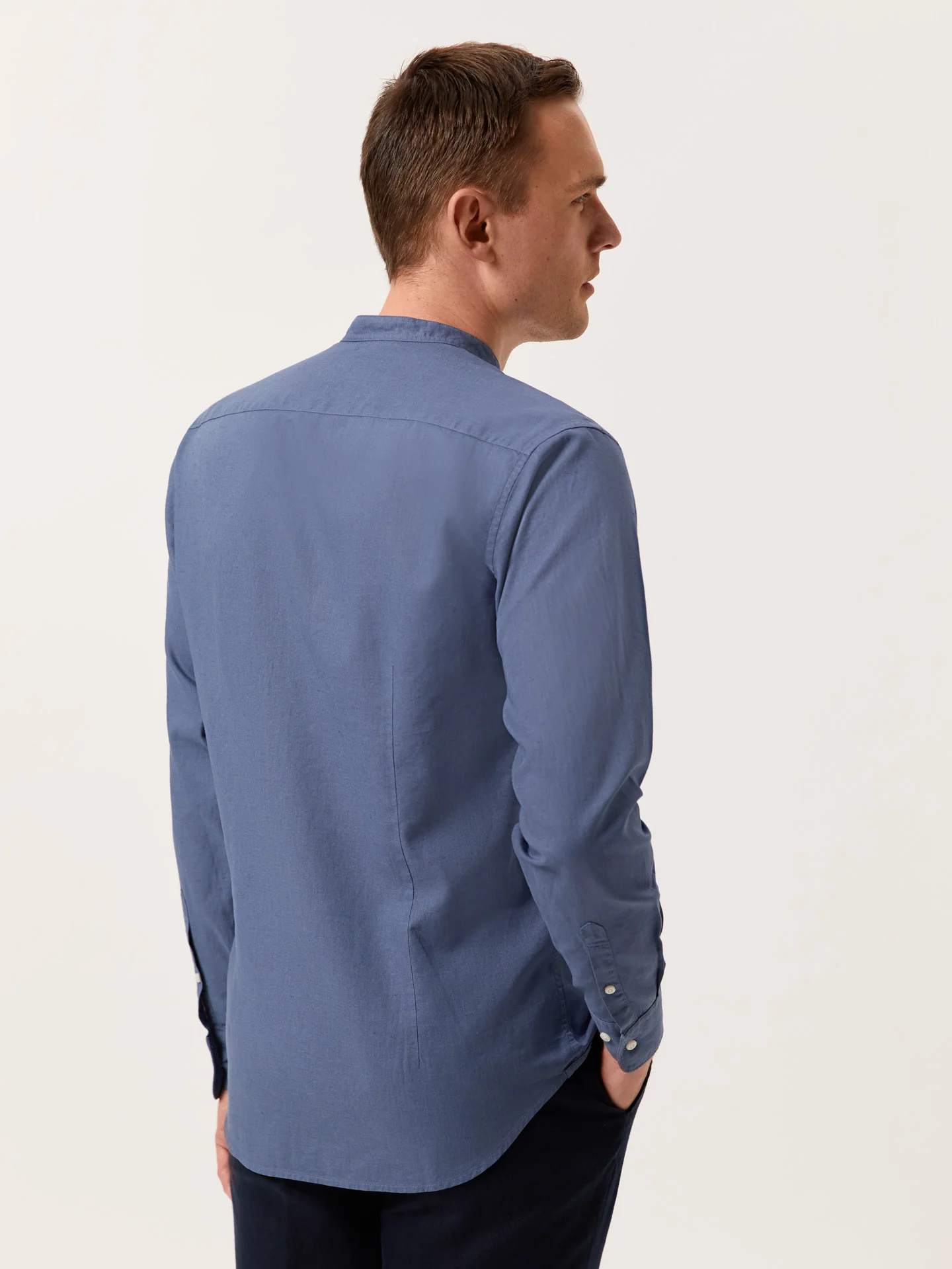 Slim Fit Garment Dye Cotton Linen Shirt with Mao Collar - Image 19
