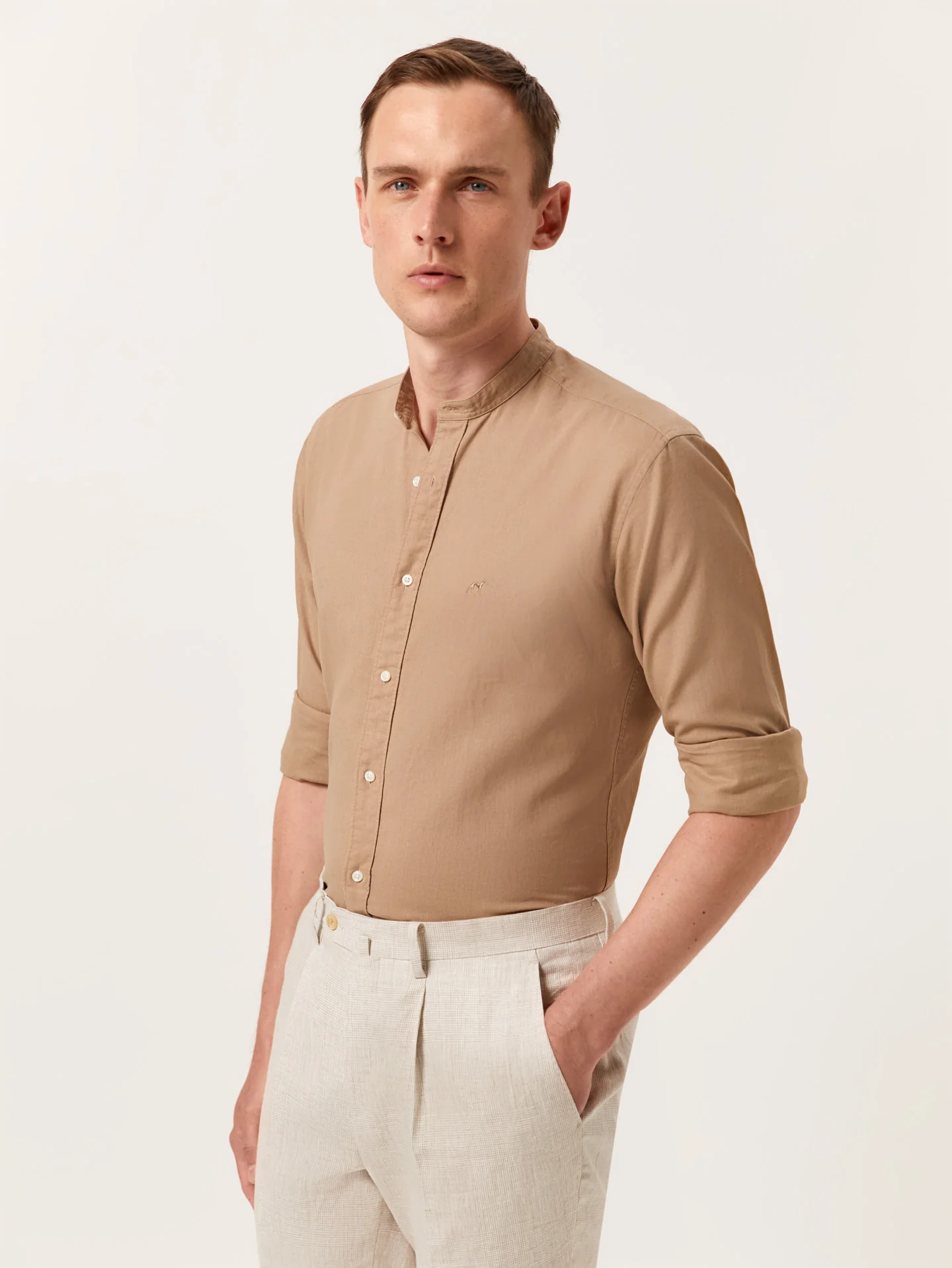 Slim Fit Garment Dye Cotton Linen Shirt with Mao Collar - Image 2