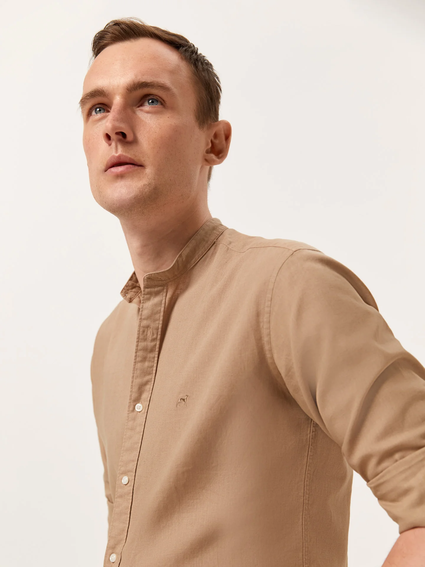 Slim Fit Garment Dye Cotton Linen Shirt with Mao Collar - Image 3