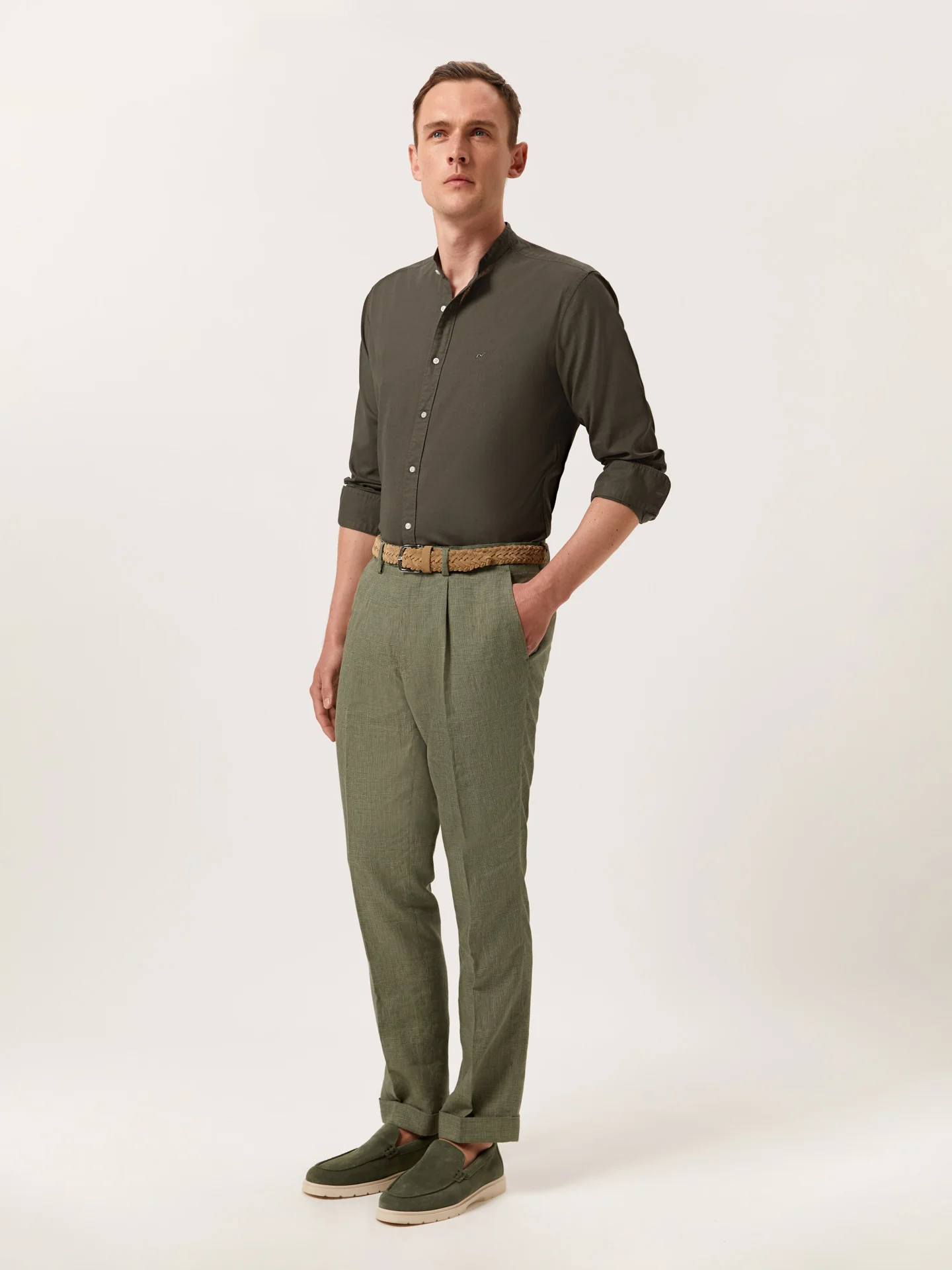 Slim Fit Garment Dye Cotton Linen Shirt with Mao Collar - Image 6