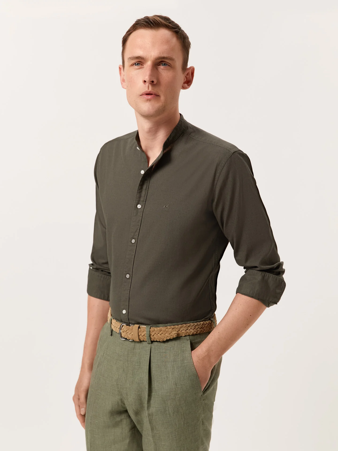Slim Fit Garment Dye Cotton Linen Shirt with Mao Collar - Image 8