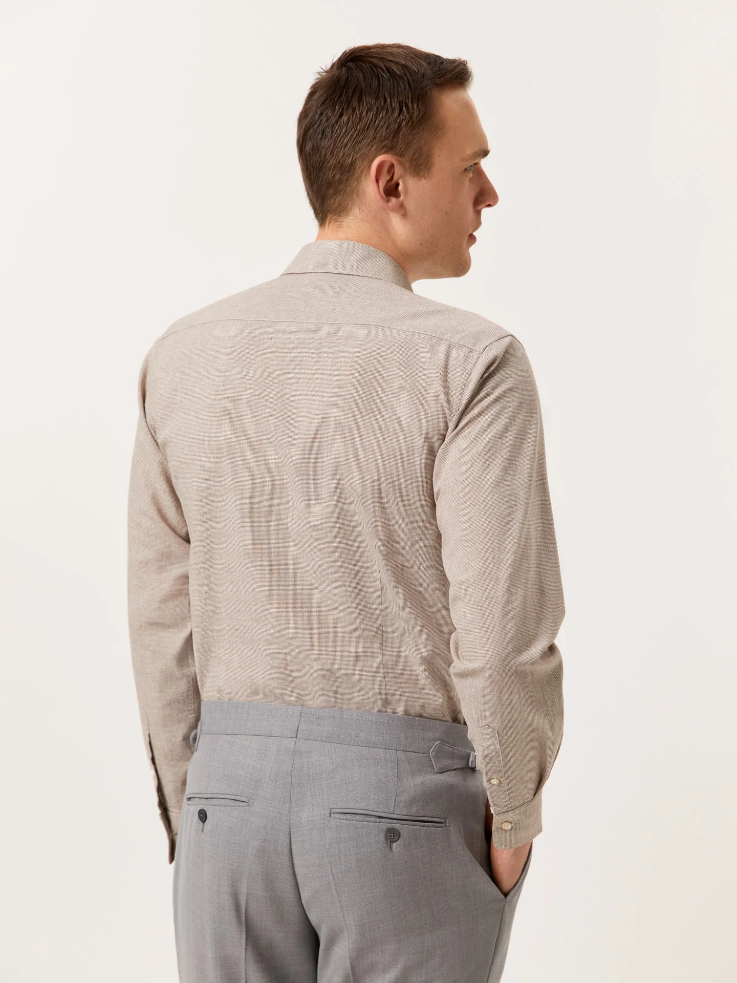 Slim Fit Houndstooth Cotton Linen Shirt with Open Collar - Image 5