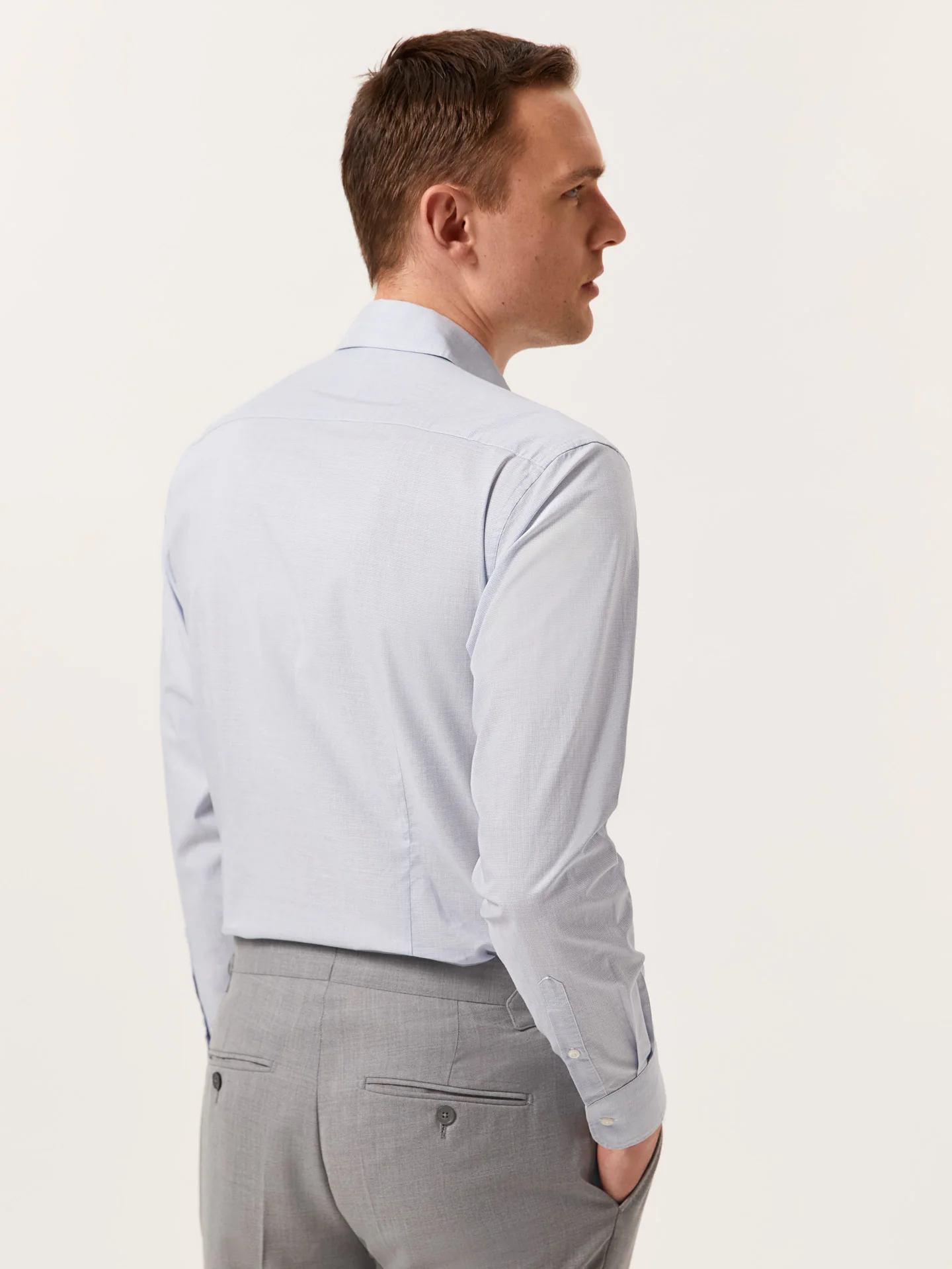 Slim Fit Houndstooth Cotton Poplin Shirt with Open Collar - Image 3