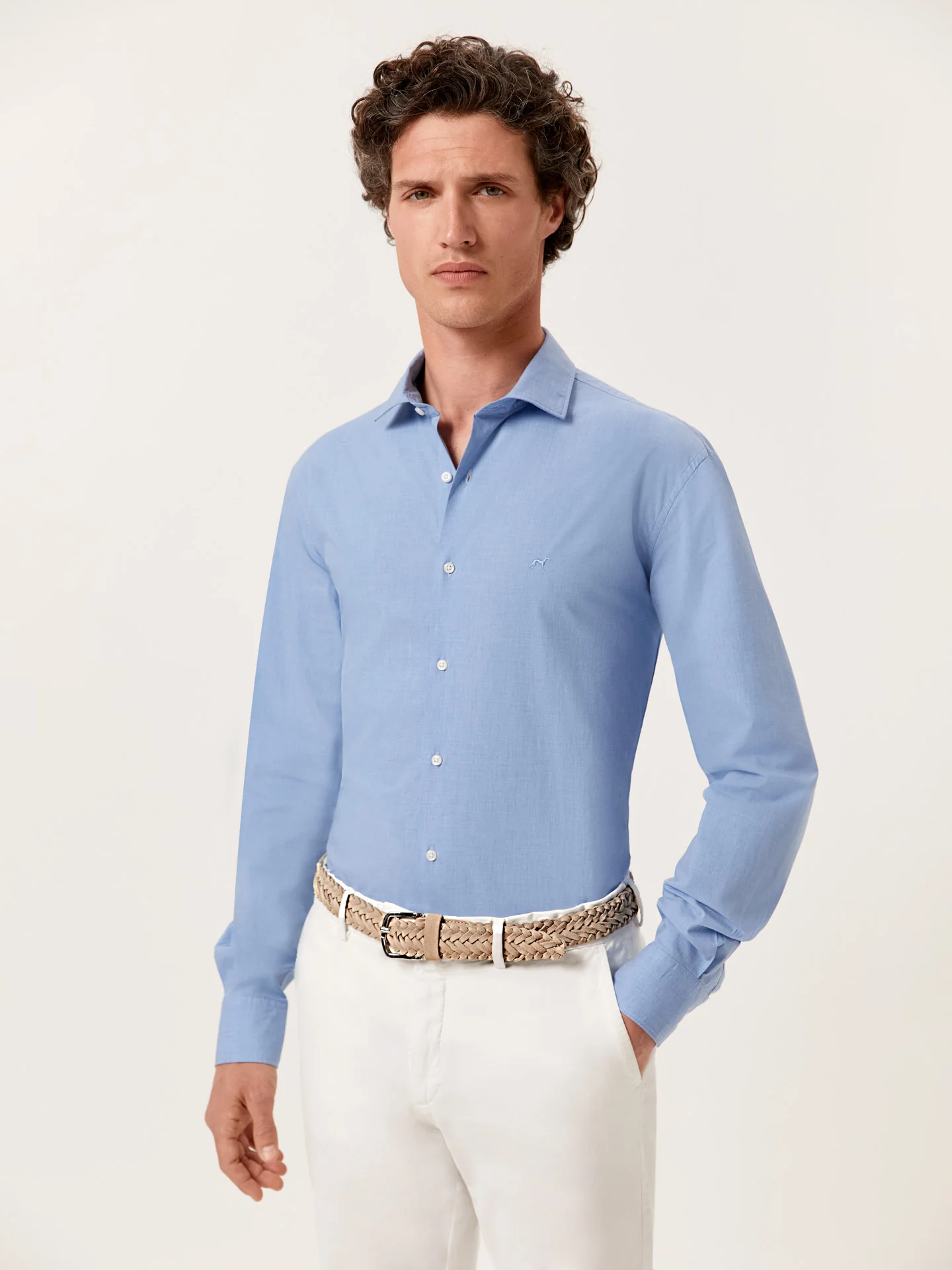 Slim Fit Mélange Cotton Shirt with Open Collar - Image 2