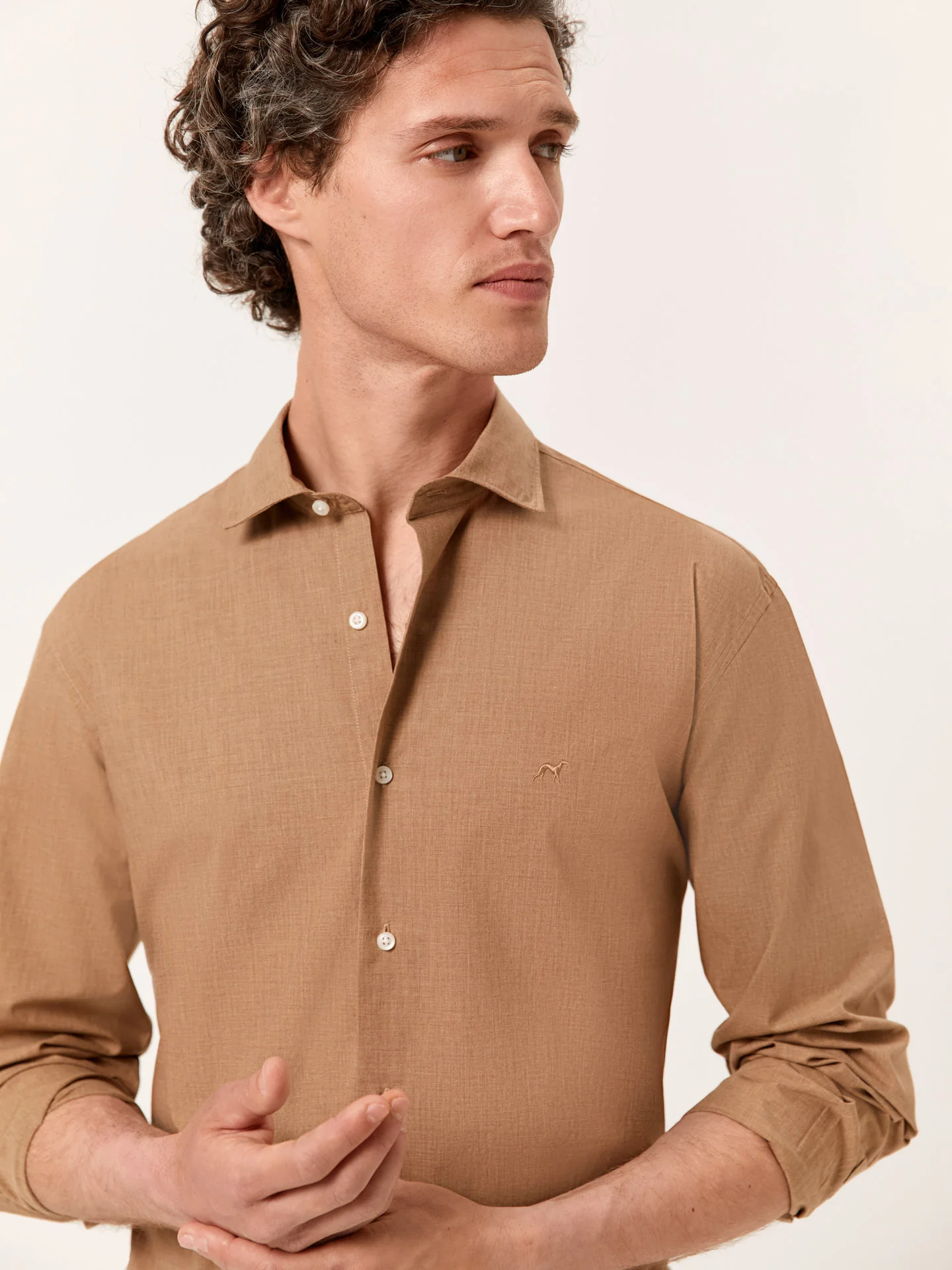Slim Fit Mélange Cotton Shirt with Open Collar - Image 5