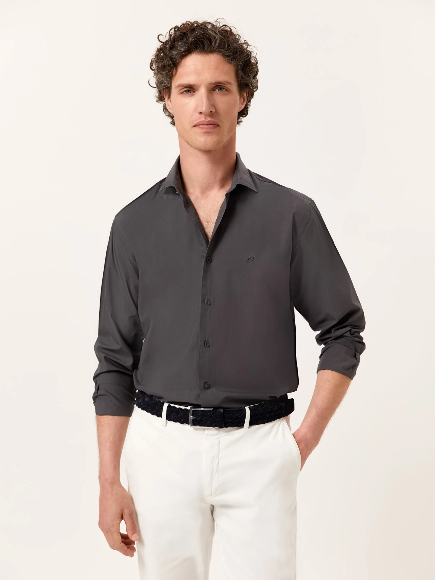 Slim Fit Overdye Poplin Shirt with Open Collar - Image 14