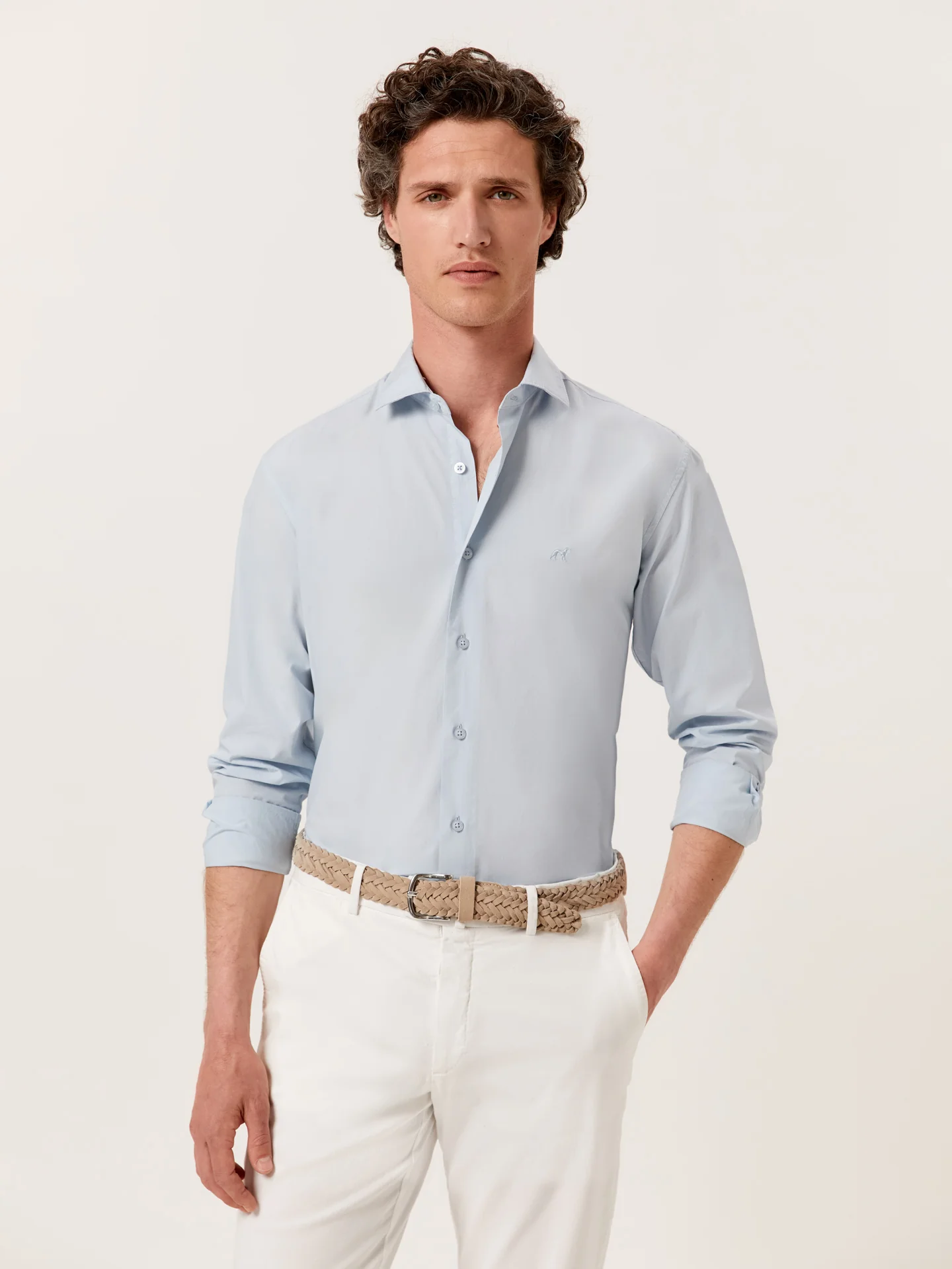 Slim Fit Overdye Poplin Shirt with Open Collar - Image 24