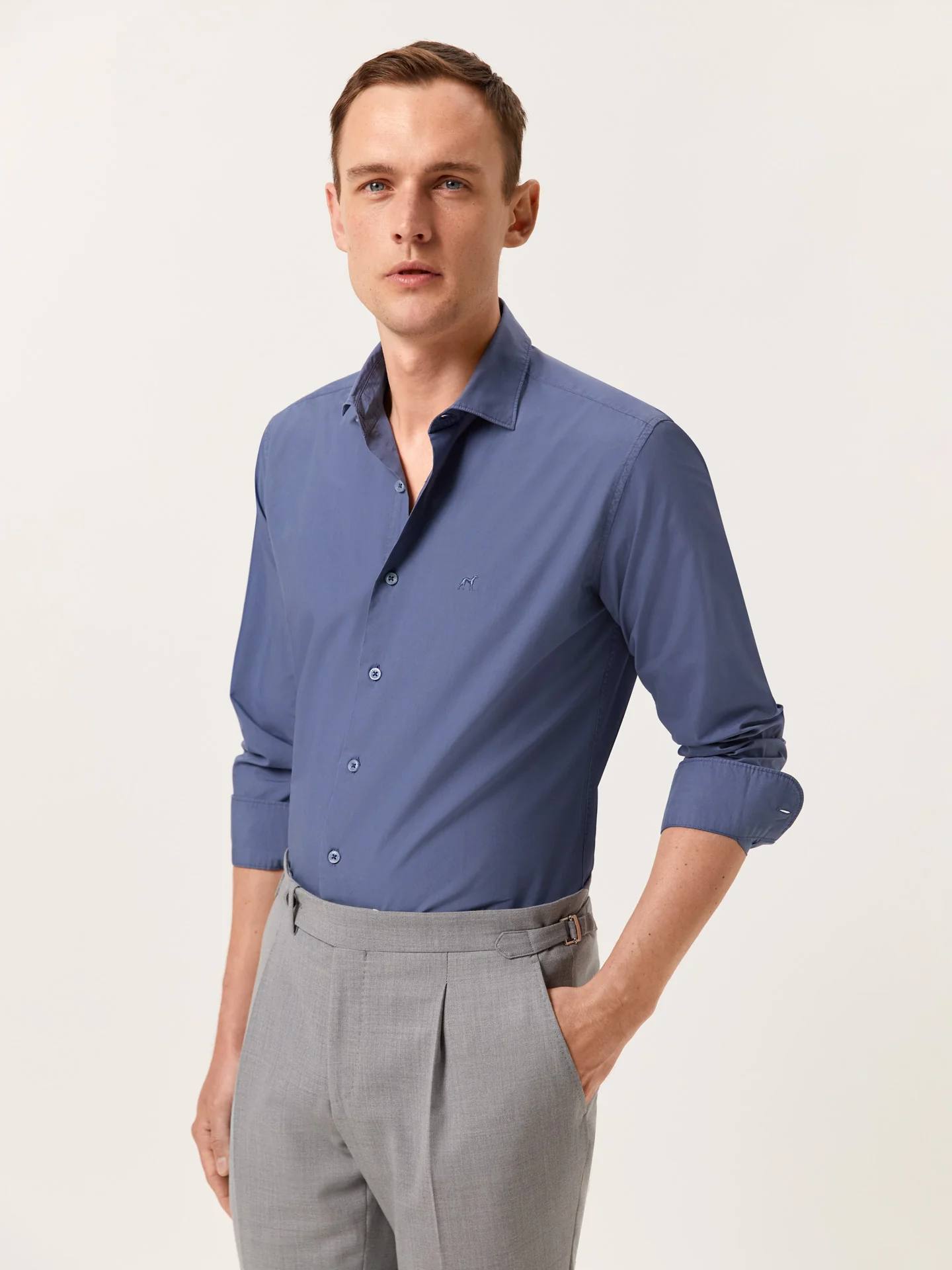 Slim Fit Overdye Poplin Shirt with Open Collar - Image 39