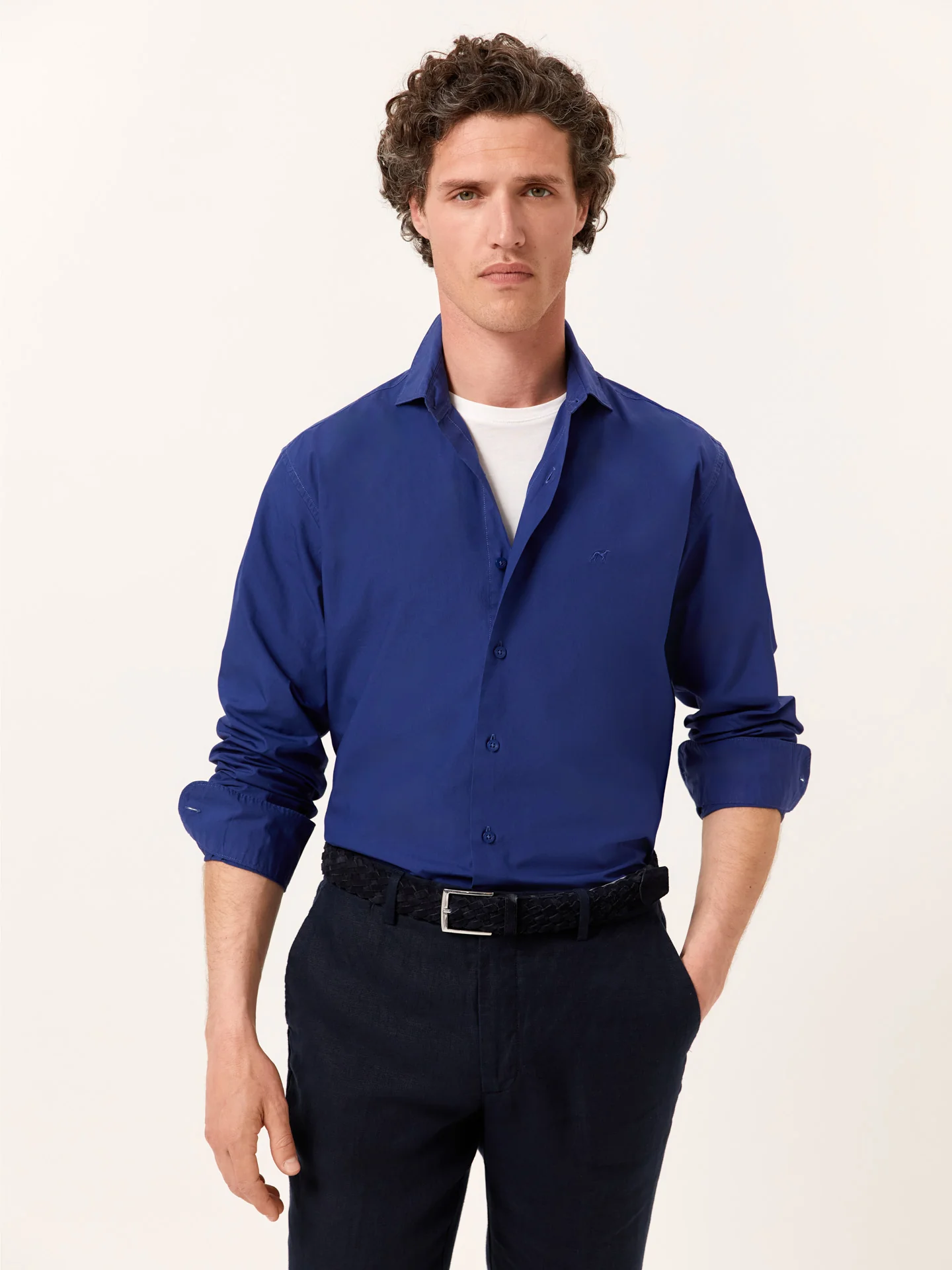 Slim Fit Overdye Poplin Shirt with Open Collar - Image 44