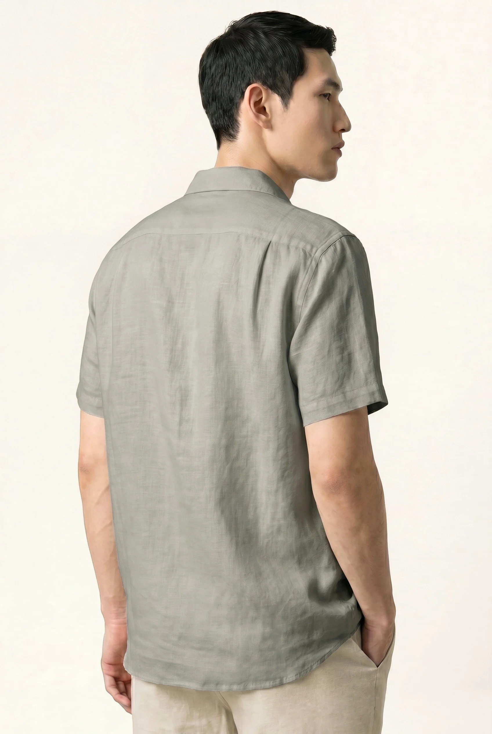 Slim Fit Pure Linen garment dyedd Short Sleeve Shirt with Open Collar - Image 4