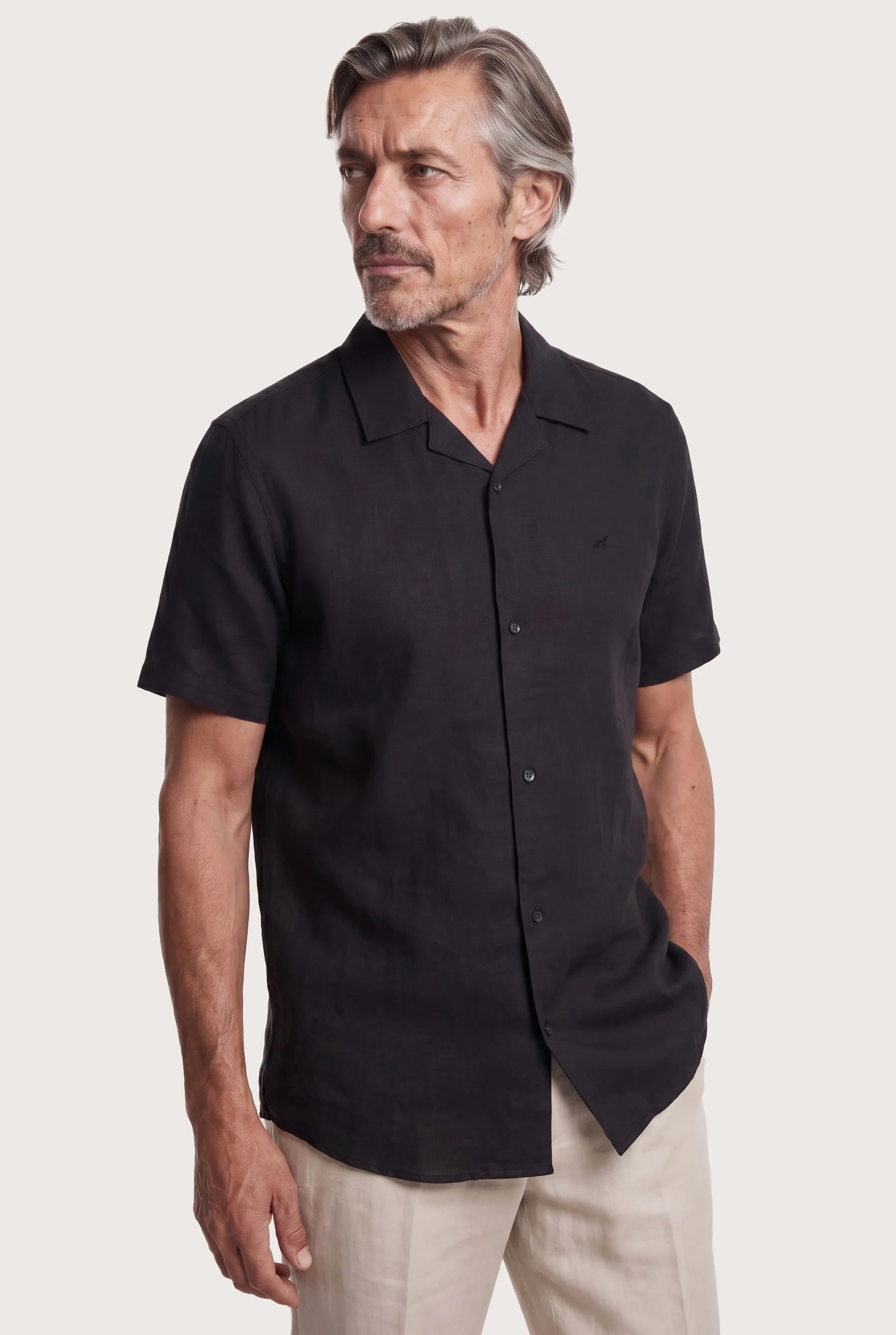 Slim Fit Pure Linen Short Sleeve Shirt with Cuba Collar - Image 2