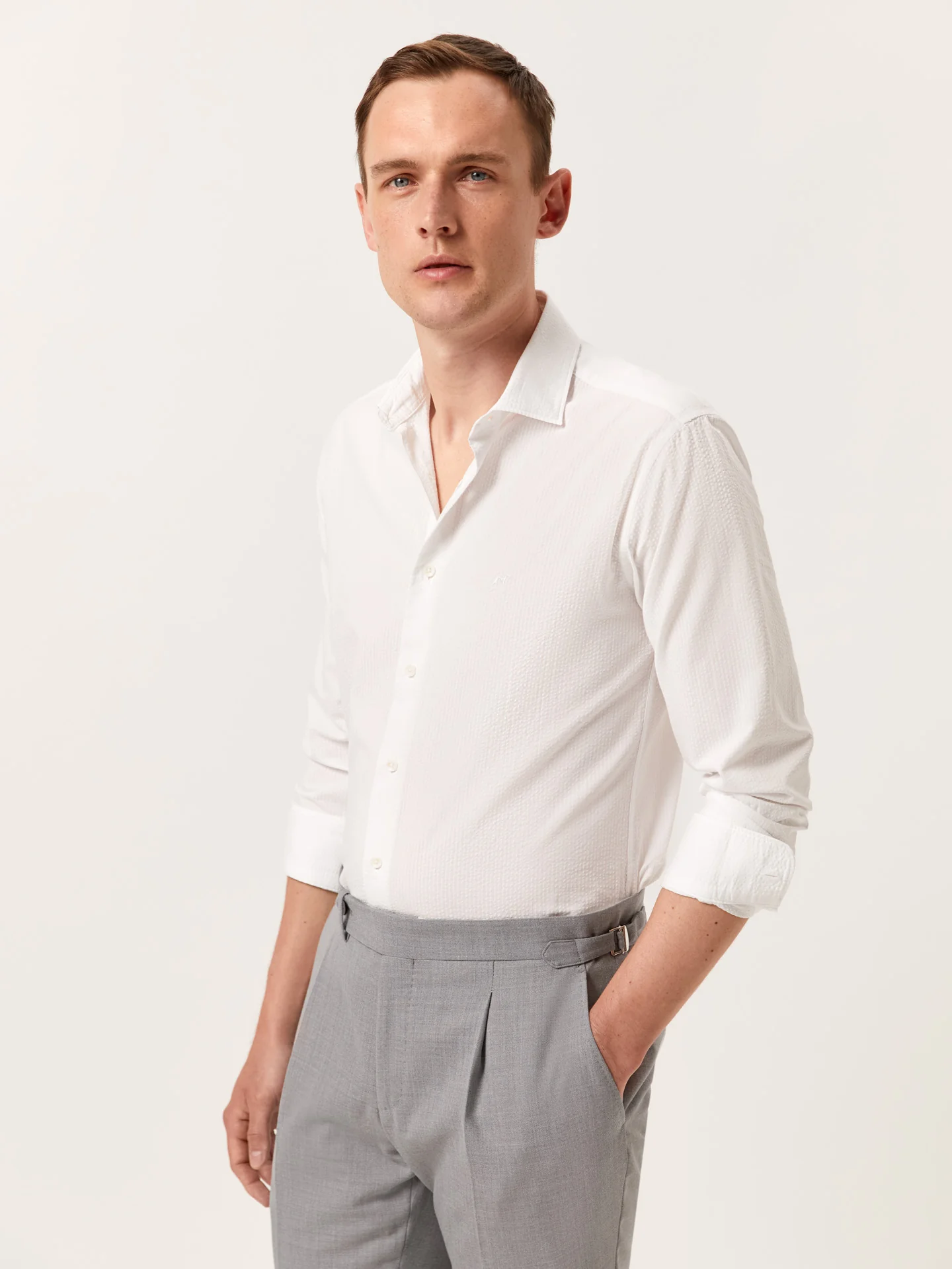 Slim Fit Seersucker Shirt in Cotton Elastane with Open Collar