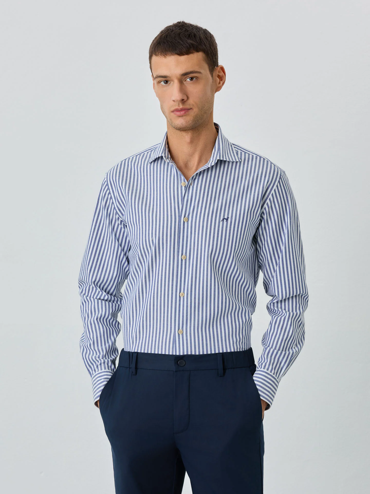 Slim Fit Shirt With Open Collar in BCI Cotton Oxford Stripes