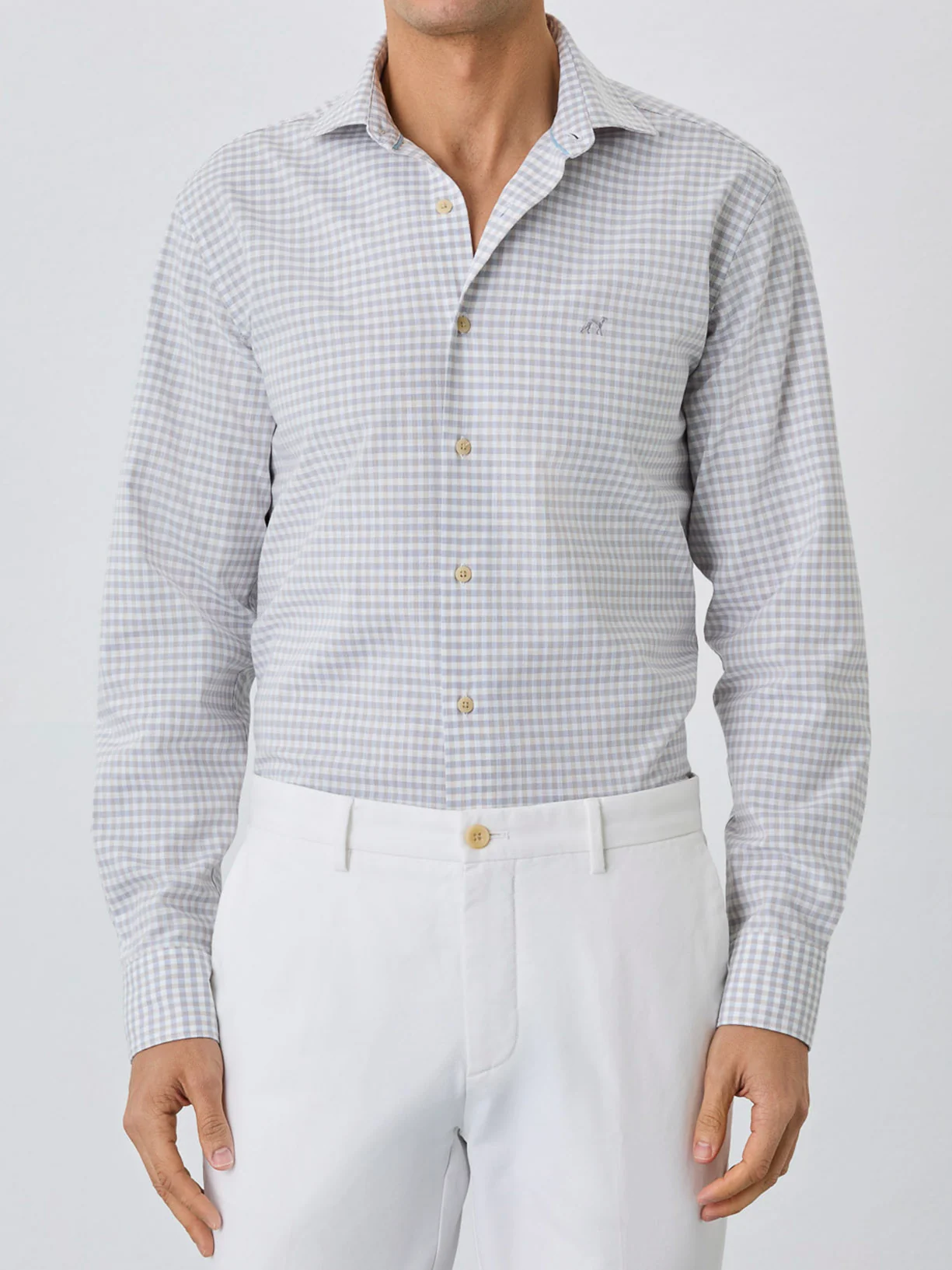 Slim Fit Shirt With Open Collar In BCI Cotton With Checks