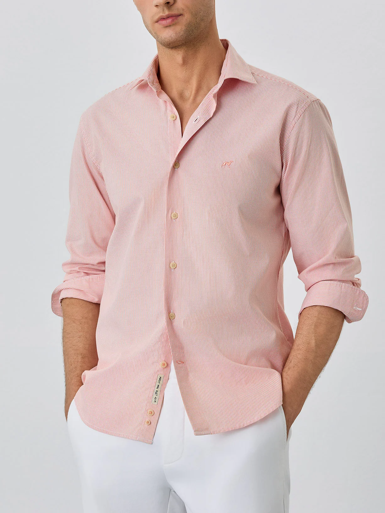 Slim Fit Shirt With Open Collar In BCI Cotton With Stripes