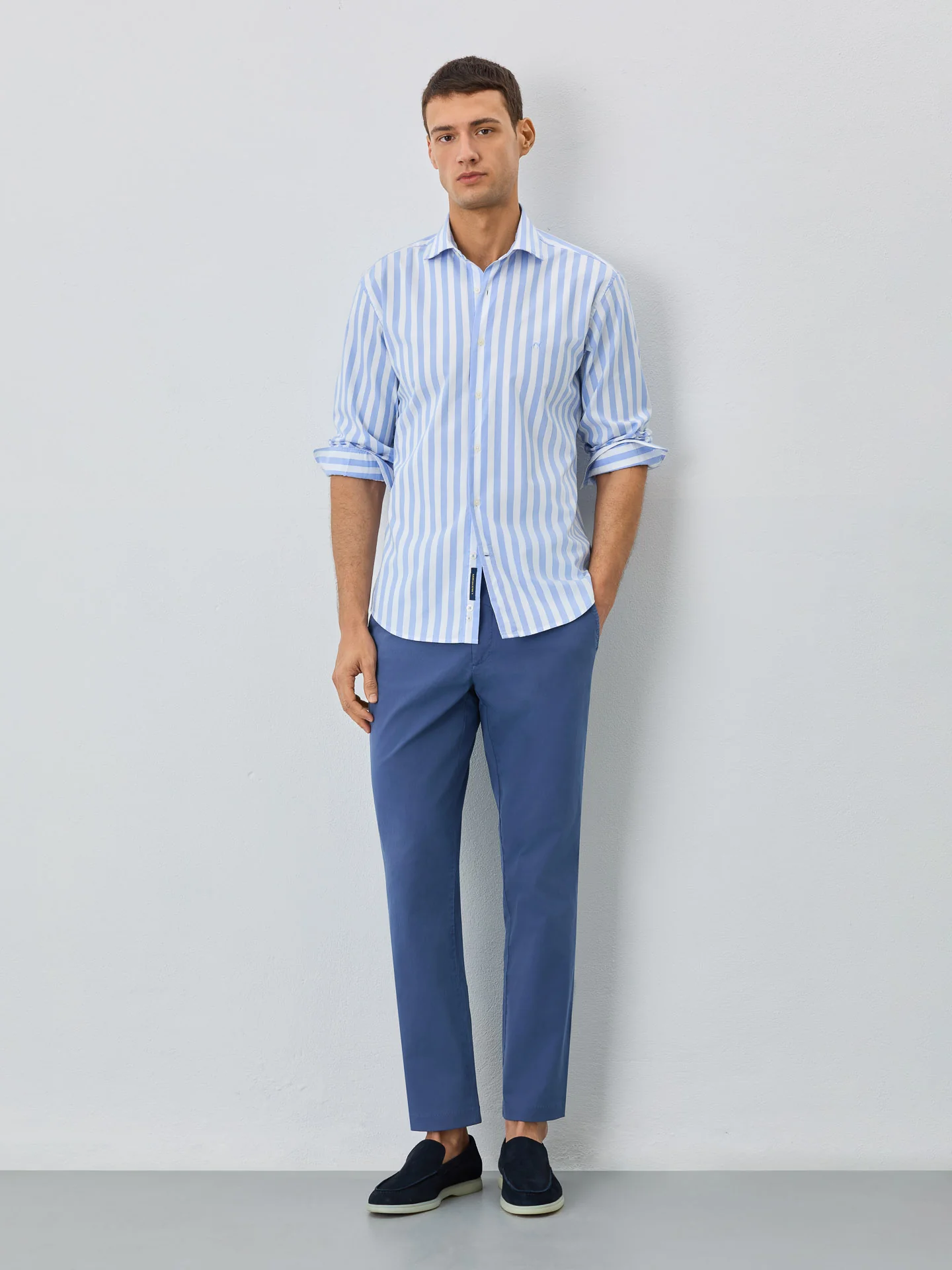 Slim Fit Shirt With Open Collar In BCI Cotton With Stripes
