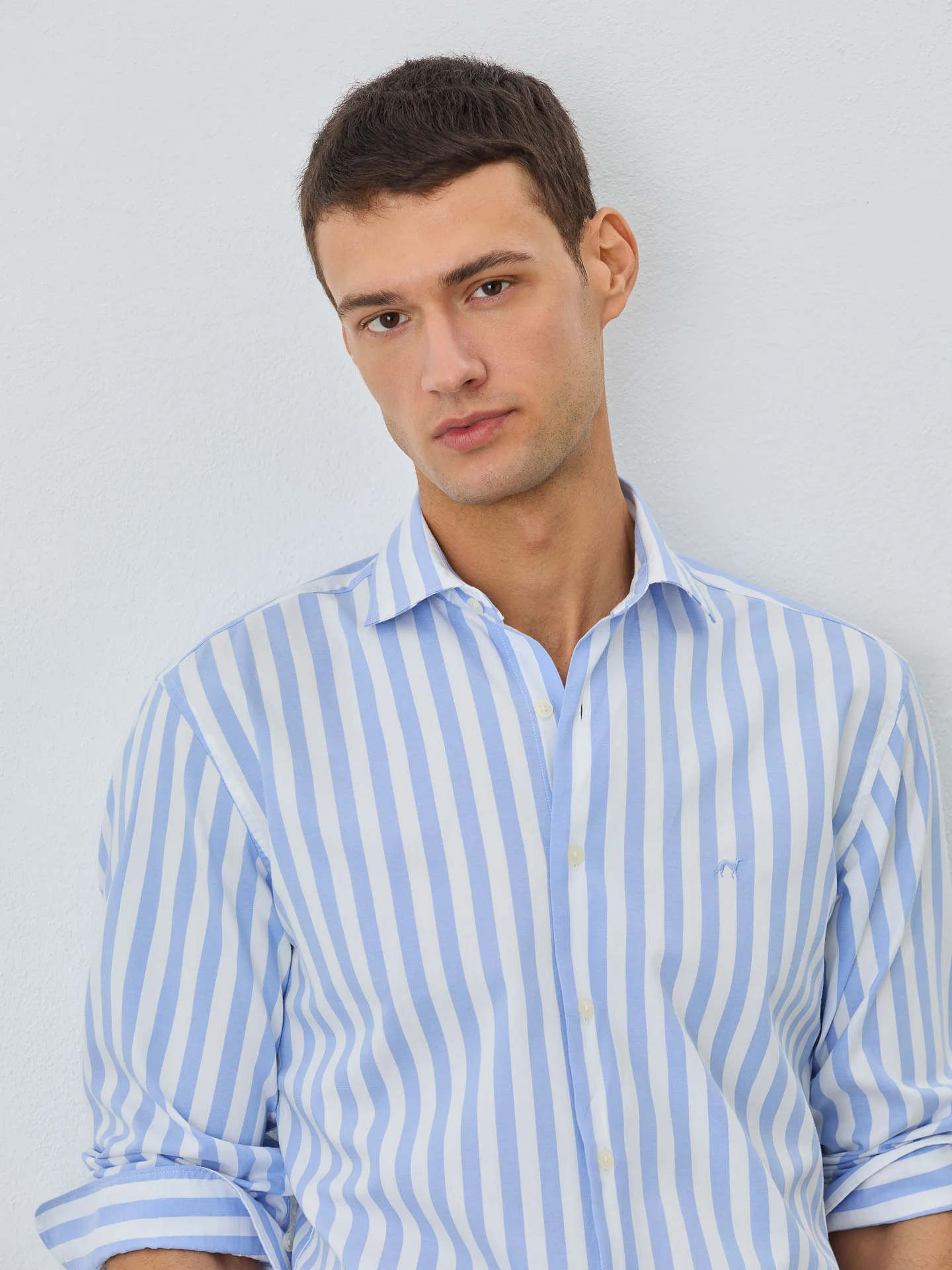 Slim Fit Shirt With Open Collar In BCI Cotton With Stripes - Image 2