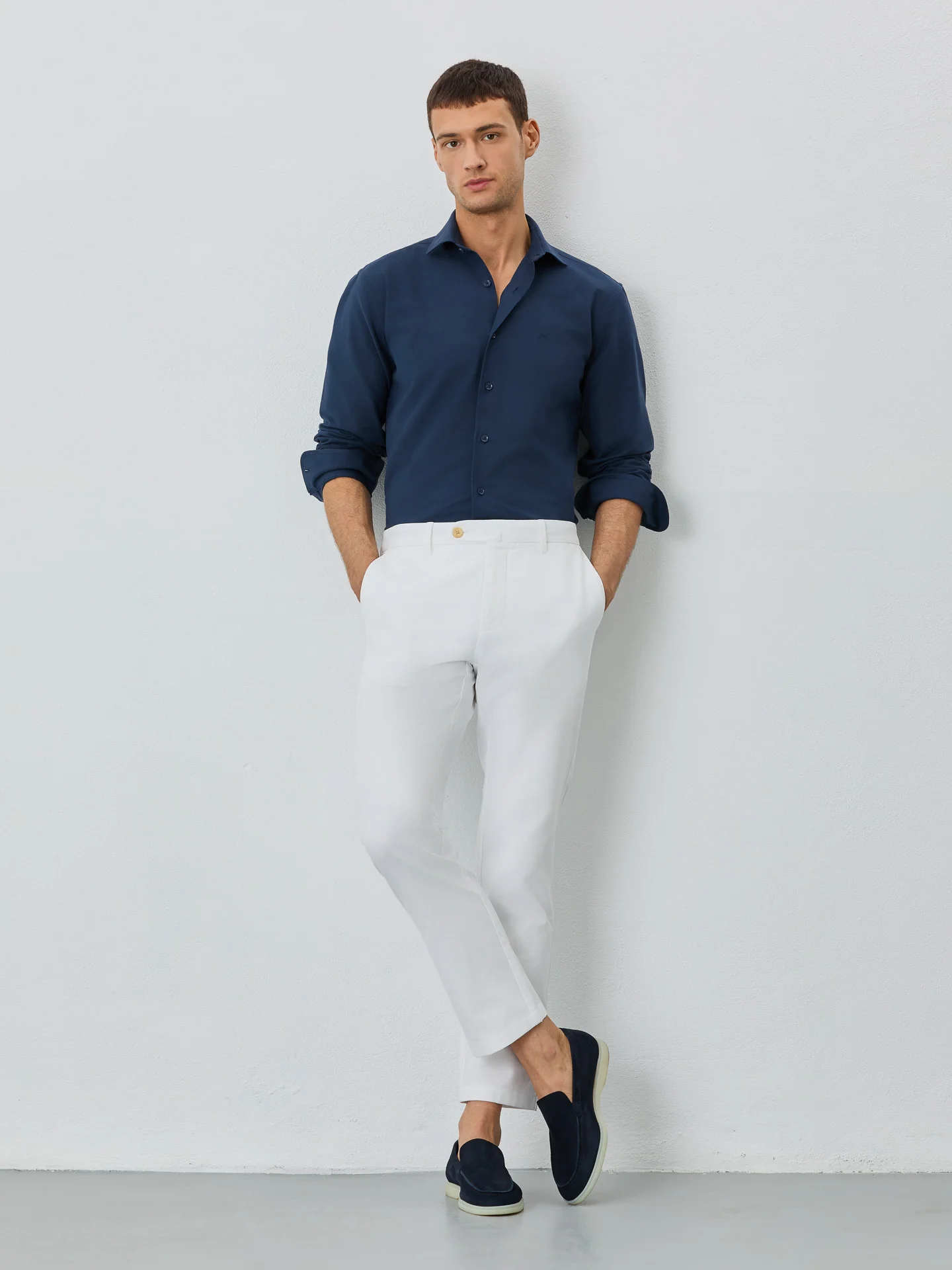 Slim Fit Shirt With Open Collar in Cotton-elastane Blend