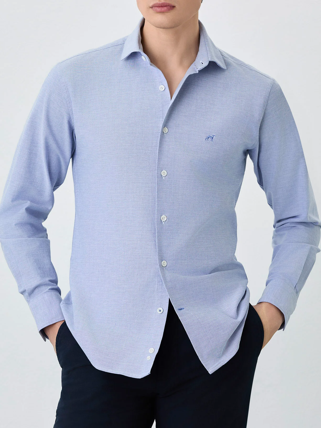 Slim Fit Shirt With Open Collar in Cotton-elastane Blend - Image 2