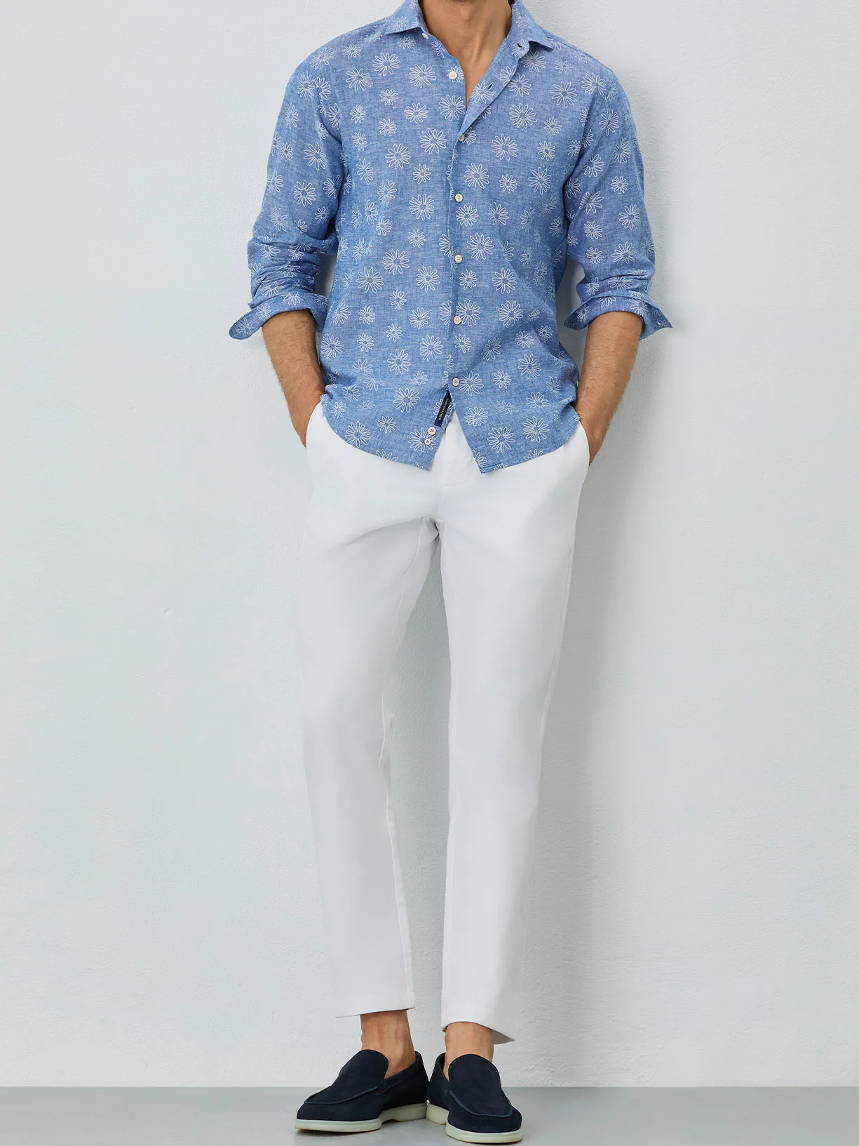 Slim Fit Shirt With Open Collar In Cotton-linen Blend With Print