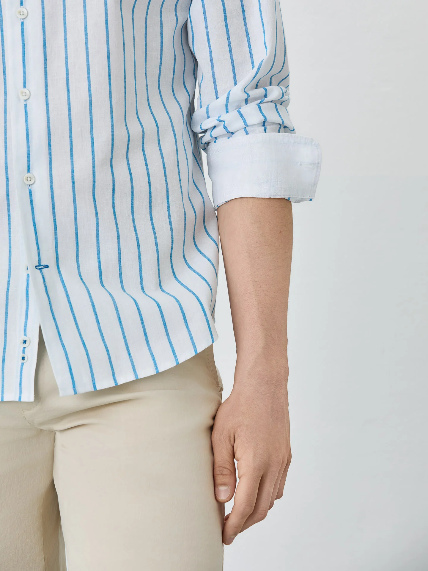Slim Fit Shirt With Open Collar In Cotton-linen Blend With Stripes - Image 2