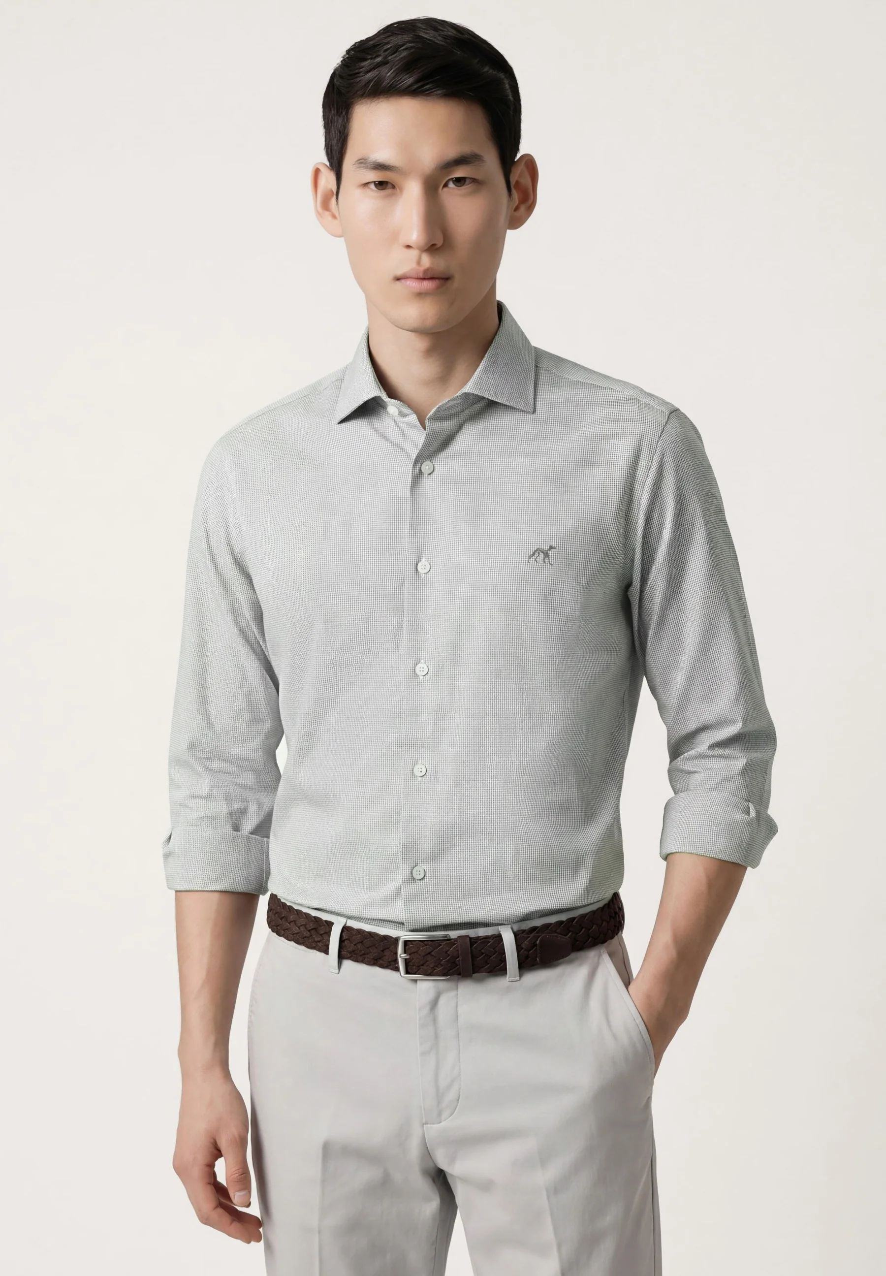 Slim Fit Small Pied Poule Shirt With Open collar