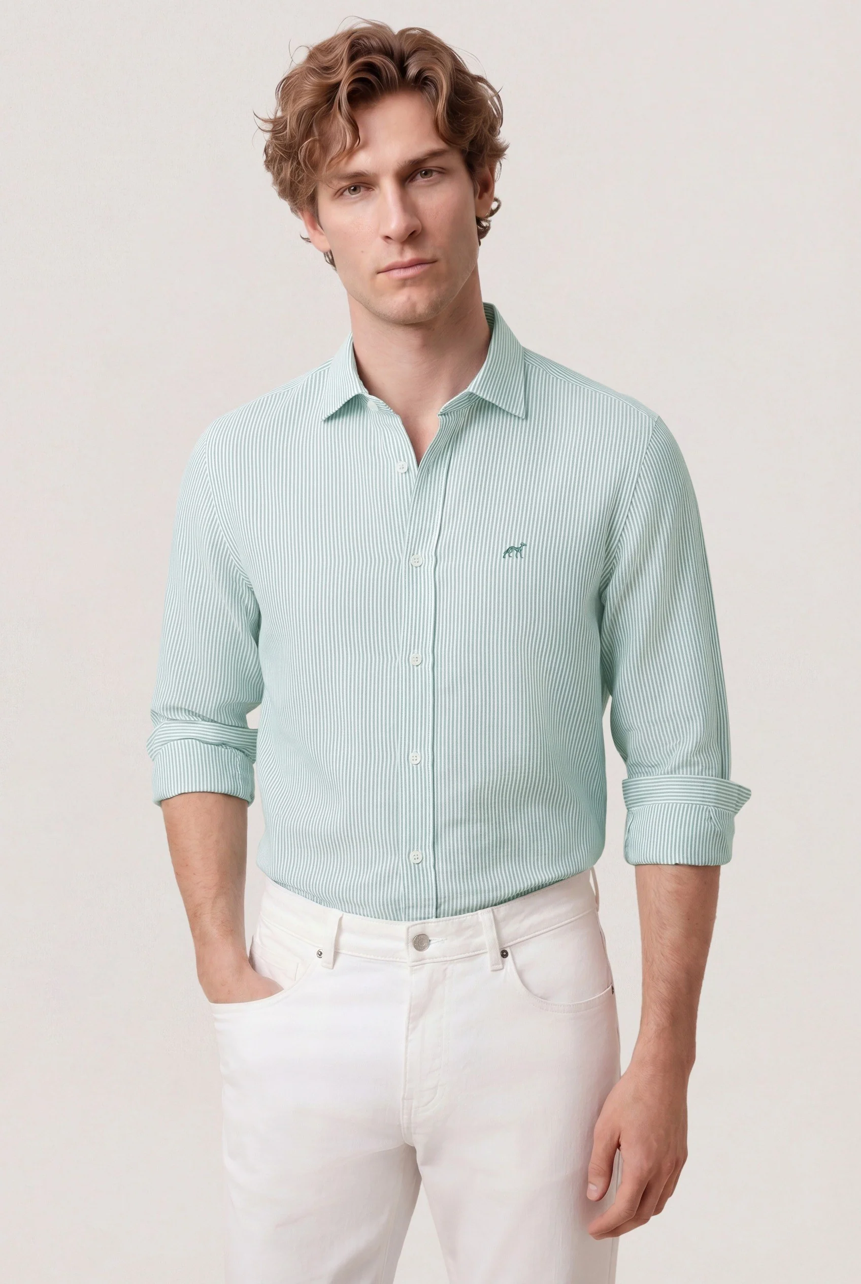 Slim Fit Striped Cotton & Linen Shirt with Open Collar