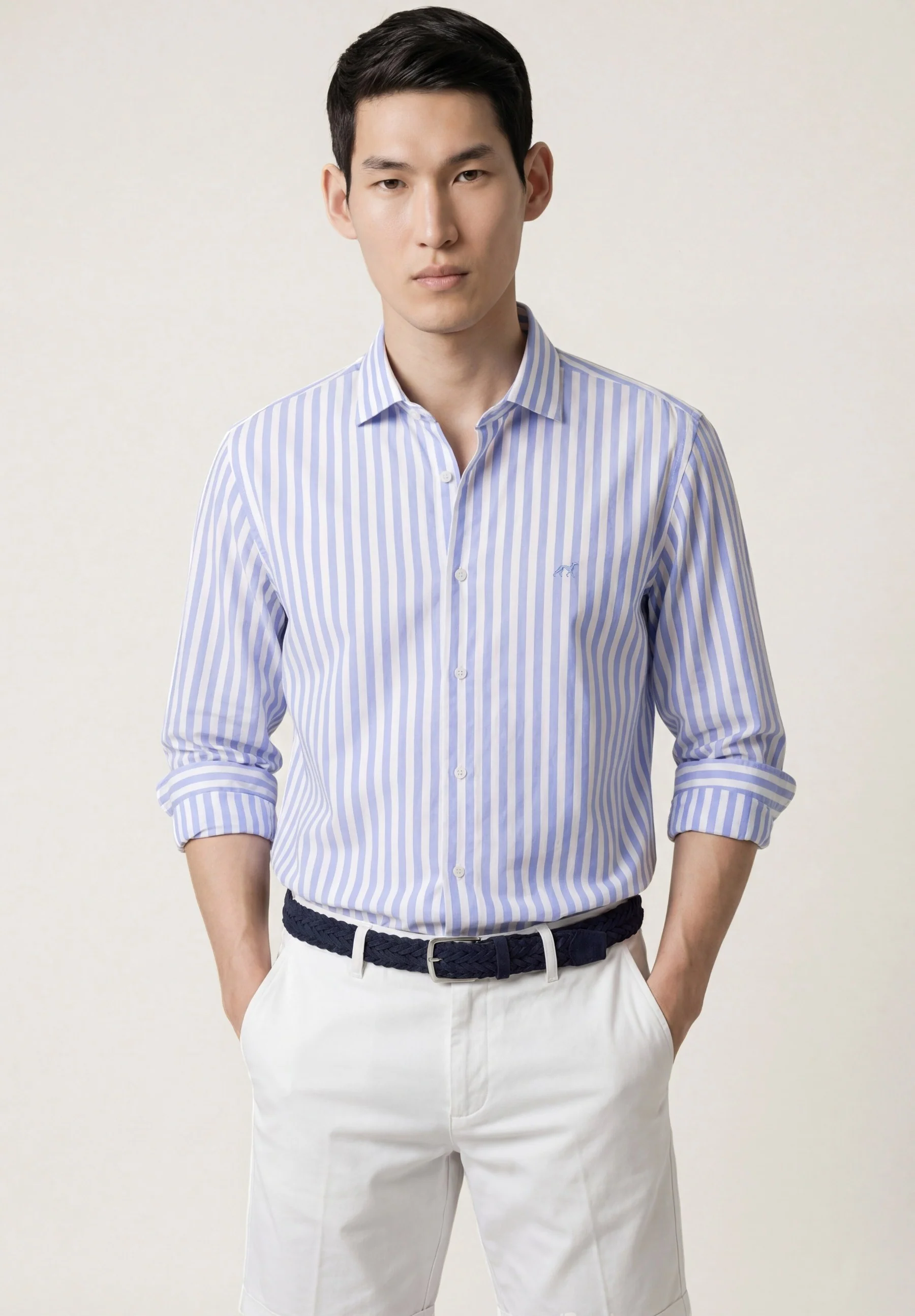 Slim Fit Striped Cotton & Linen Shirt with Open Collar