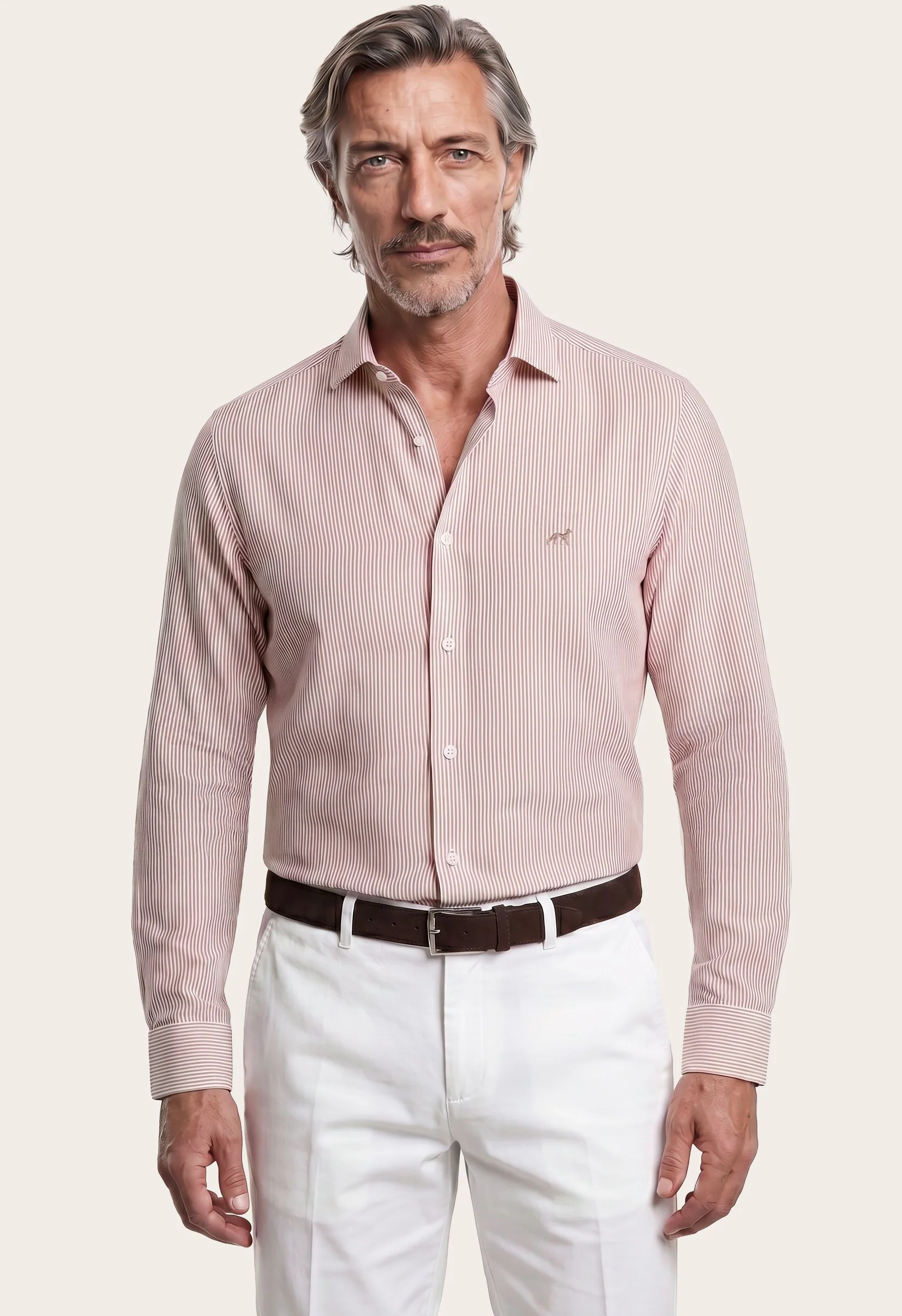 Slim Fit Striped Cotton & Linen Shirt with Open Collar