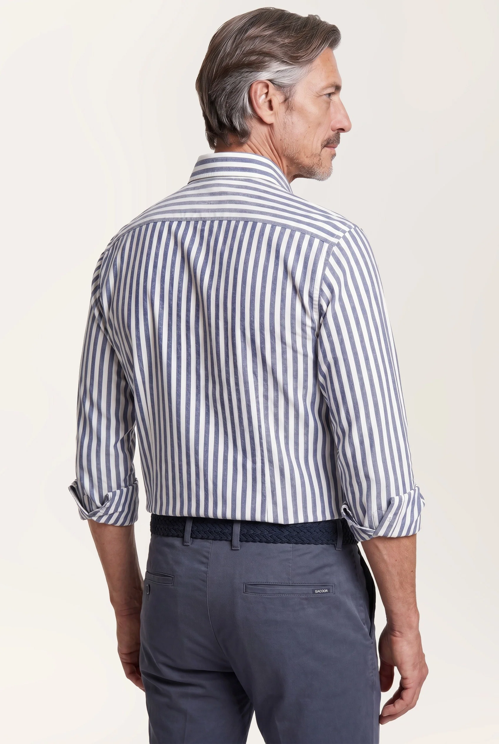 Slim Fit Striped Cotton & Linen Shirt with Open Collar - Image 3