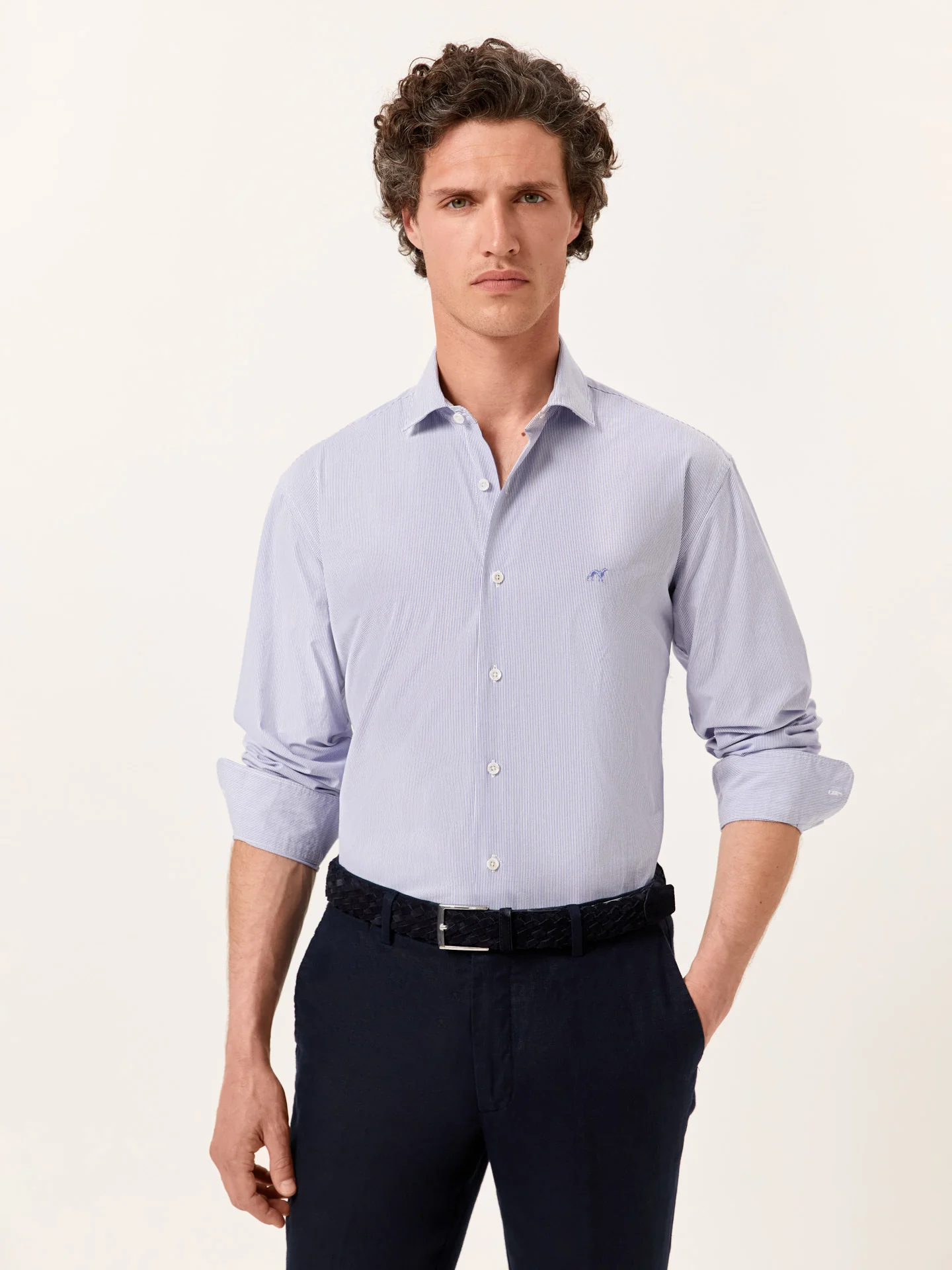 Slim Fit Striped Seersucker Shirt in Cotton Elastane with Open Collar - Image 2