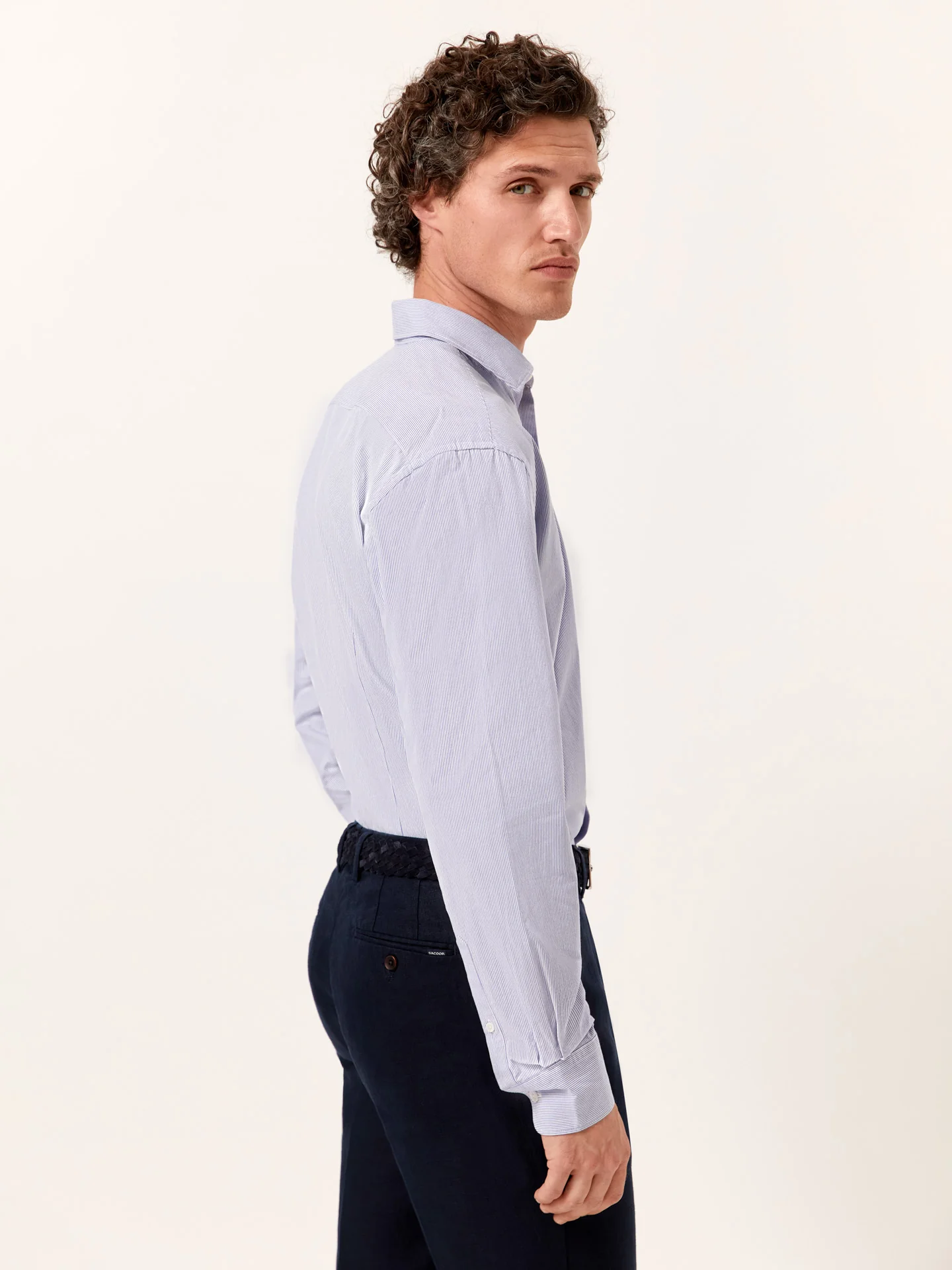 Slim Fit Striped Seersucker Shirt in Cotton Elastane with Open Collar - Image 3